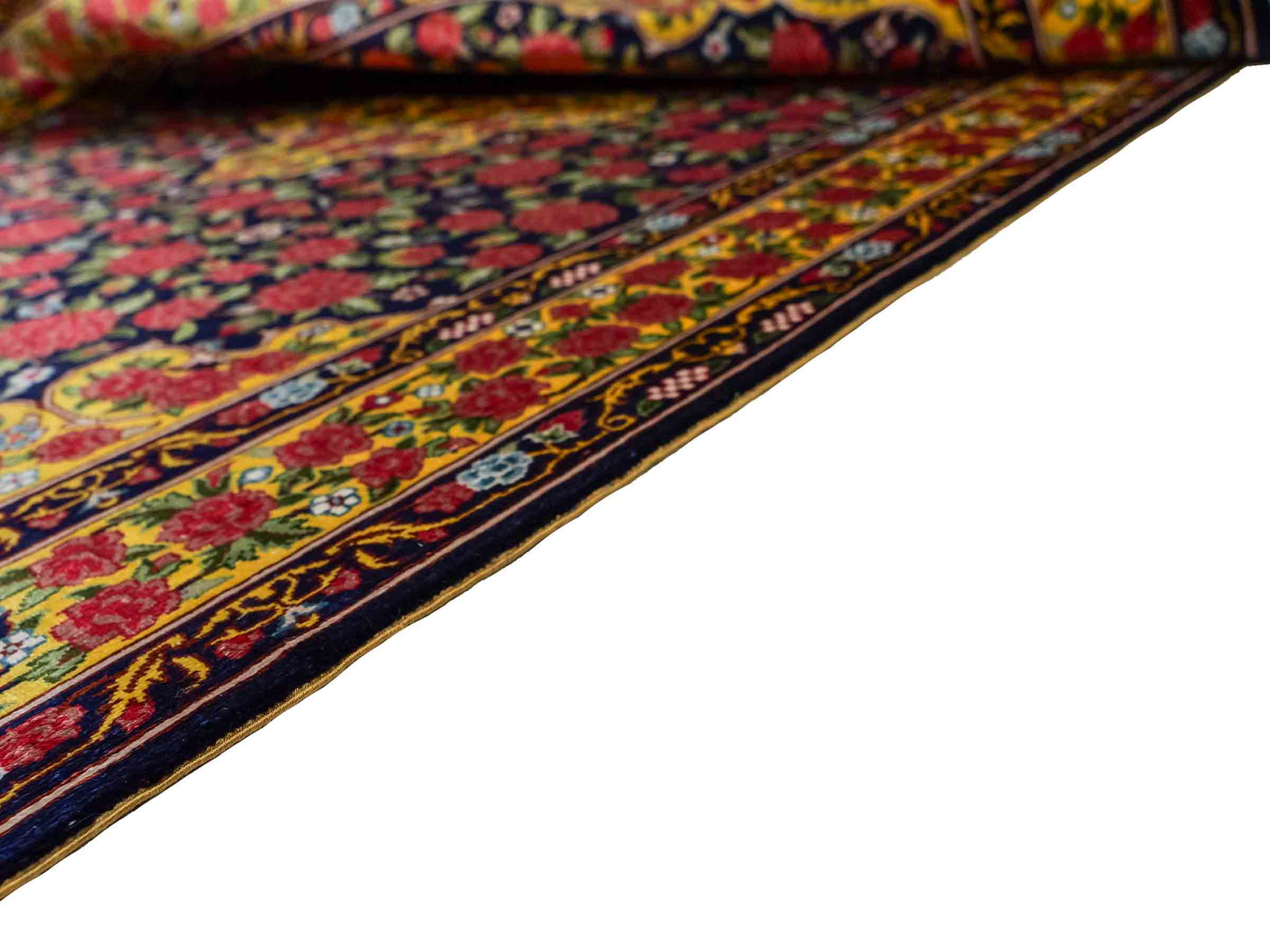 Sehr feiner, handgeknüpfter Khademi Orientteppich mit Ghom Design aus reiner Seide, blau, gelb, rot. 124x78 cm. Vertrieb durch Jupiter Intl.