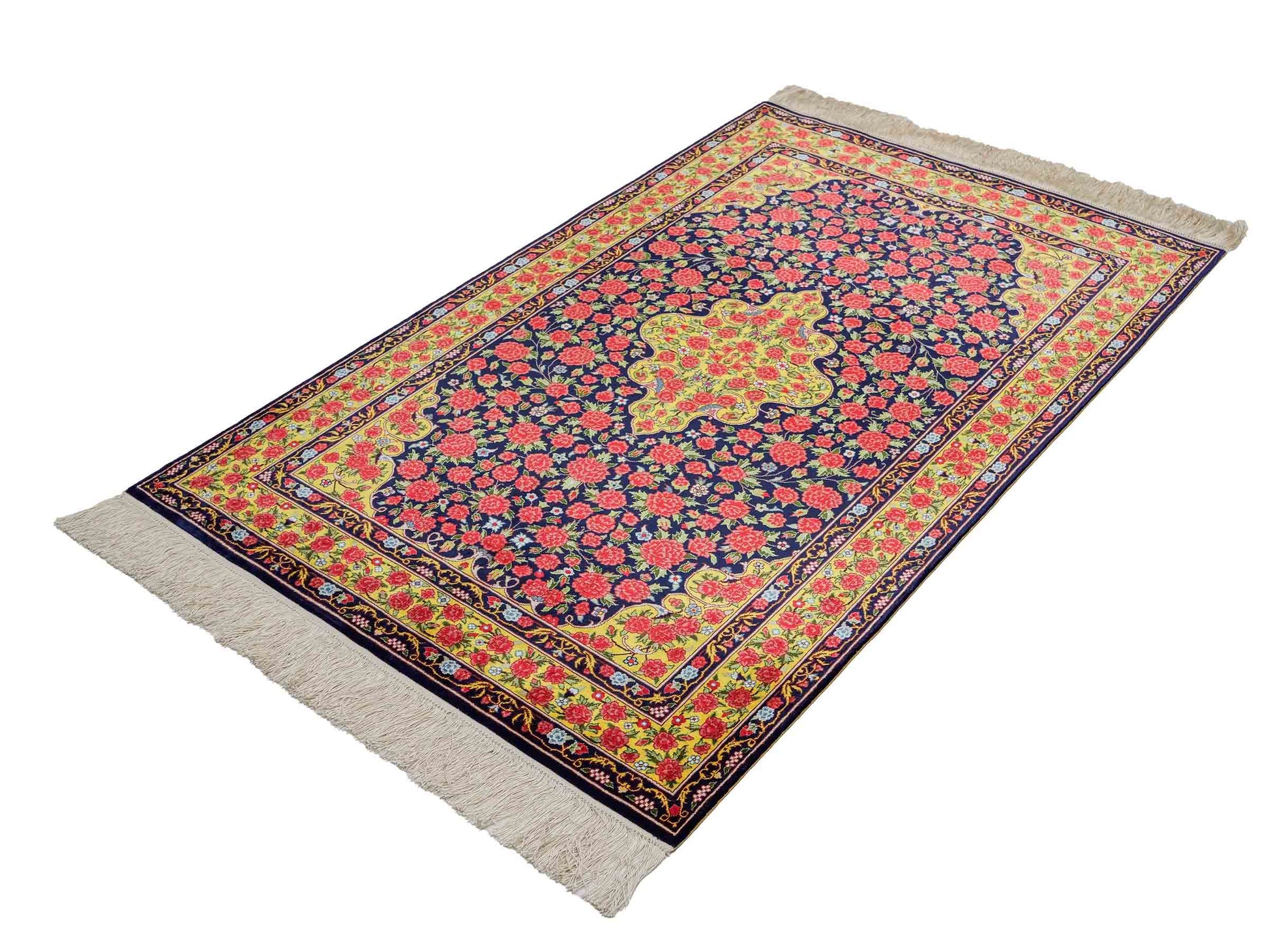 Sehr feiner, handgeknüpfter Khademi Orientteppich mit Ghom Design aus reiner Seide, blau, gelb, rot. 124x78 cm. Vertrieb durch Jupiter Intl.