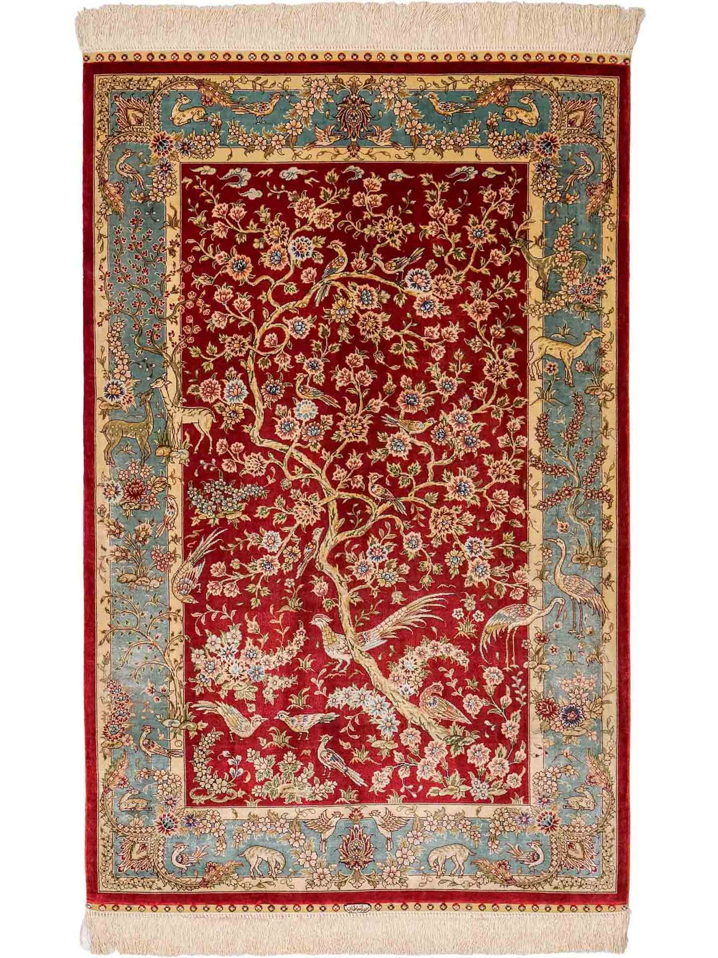 Sehr feiner, handgeknüpfter Khademi Orientteppich mit Ghom Design aus reiner Seide, rot, blau, creme. 124x79 cm. Vertrieb durch Jupiter Intl.