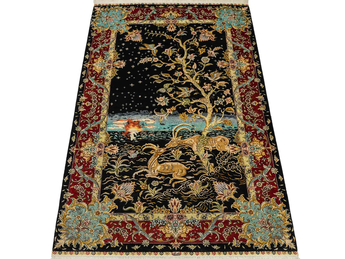 Sehr feiner, handgeknüpfter Khademi Orientteppich mit Ghom Design aus reiner Seide, schwarz, blau, rot, gold. 124x79 cm. Vertrieb durch Jupiter Intl.