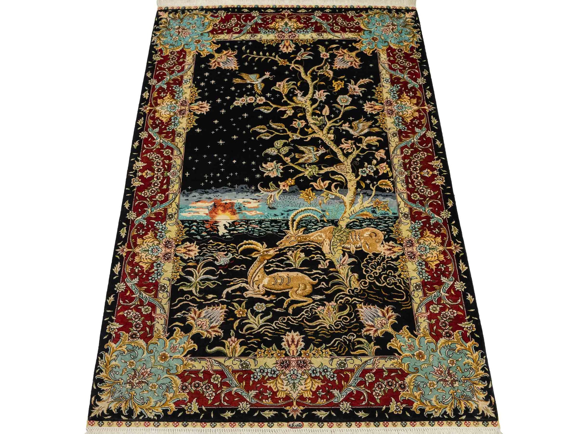 Sehr feiner, handgeknüpfter Khademi Orientteppich mit Ghom Design aus reiner Seide, schwarz, blau, rot, gold. 124x79 cm. Vertrieb durch Jupiter Intl.