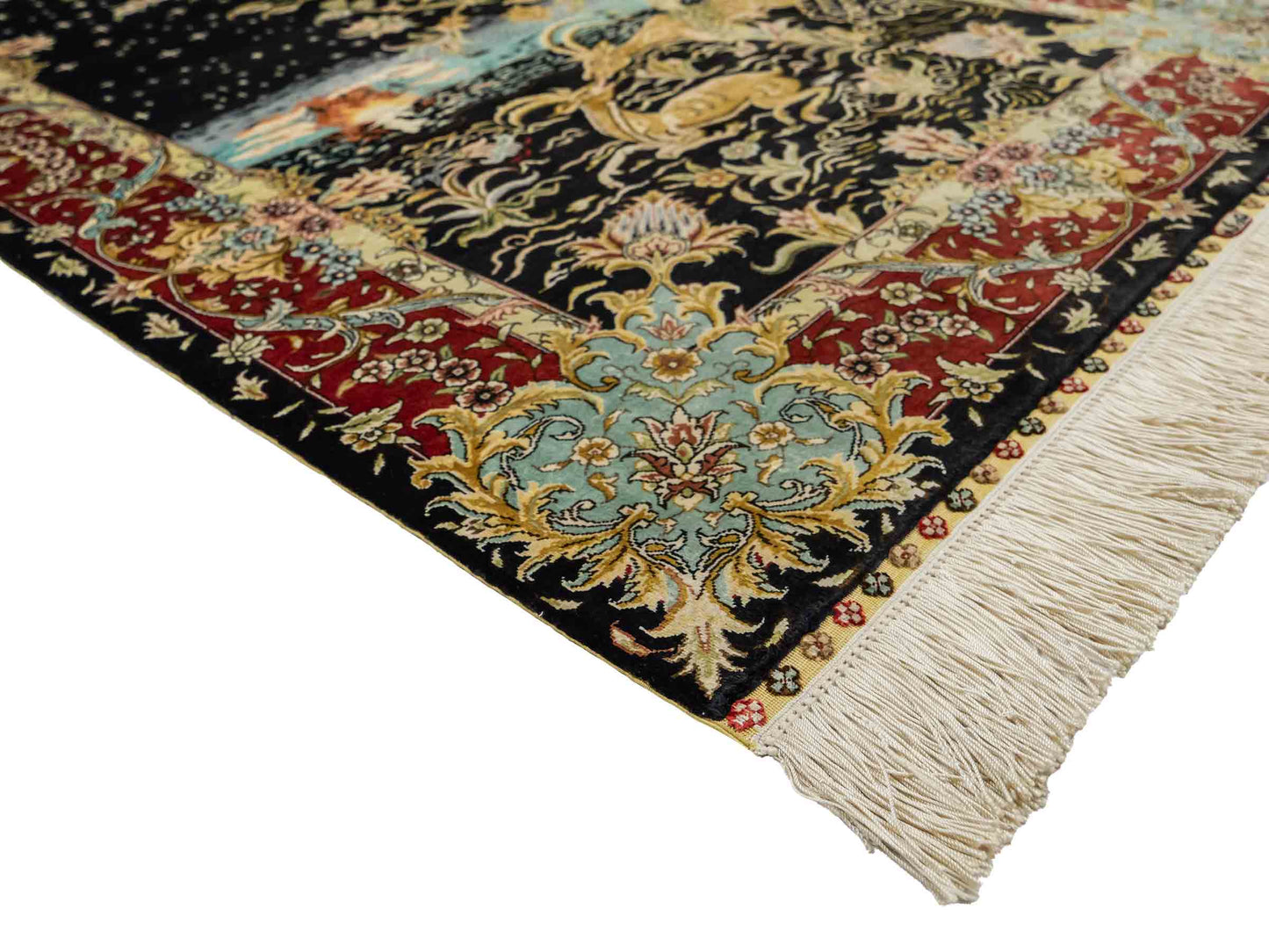 Sehr feiner, handgeknüpfter Khademi Orientteppich mit Ghom Design aus reiner Seide, schwarz, blau, rot, gold. 124x79 cm. Vertrieb durch Jupiter Intl.