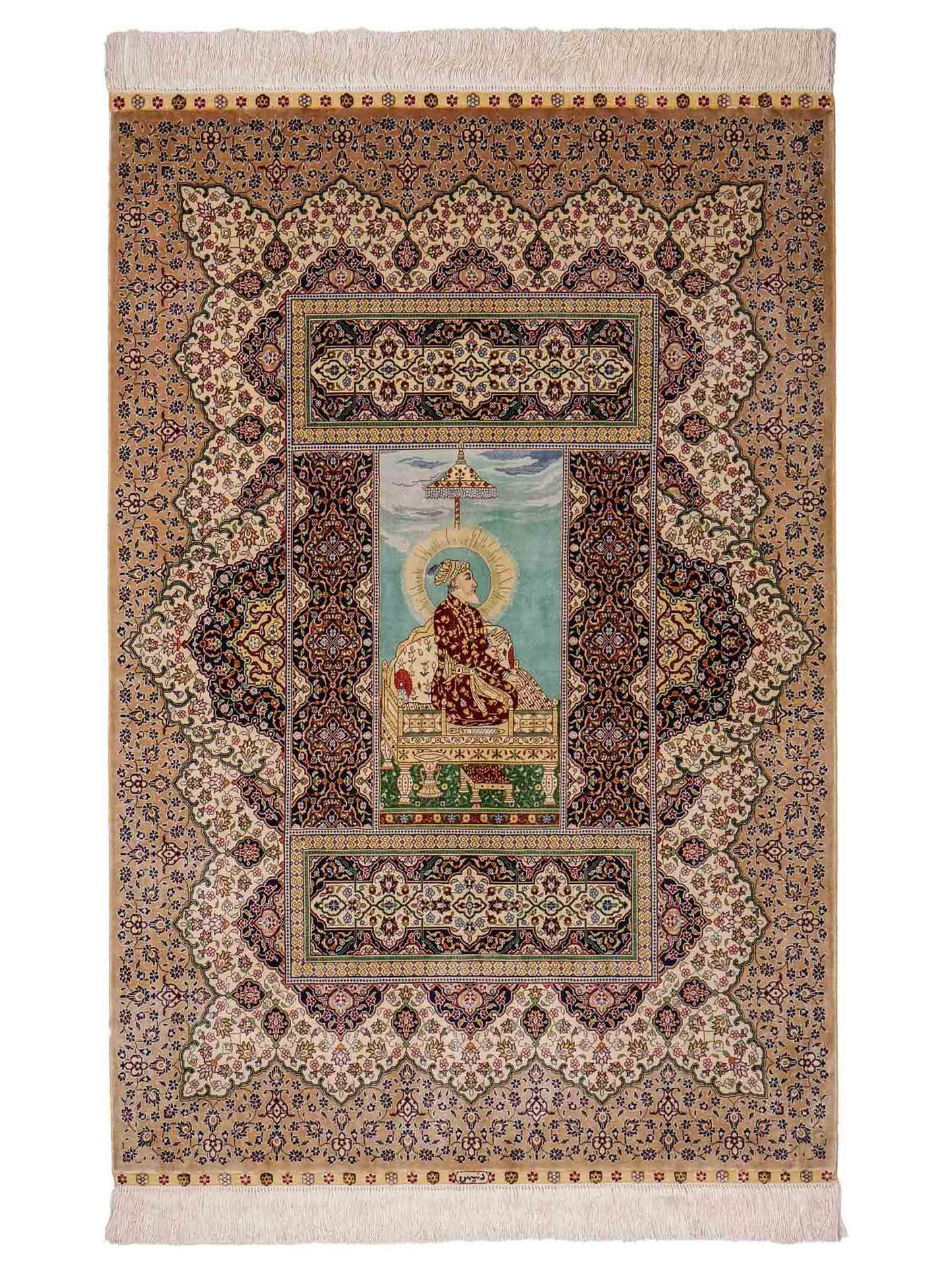 Sehr feiner, handgeknüpfter Khademi Ghom Orientteppich aus Seide, beige, braun, creme. 130x94 cm. Vertrieb durch Jupiter Intl.
