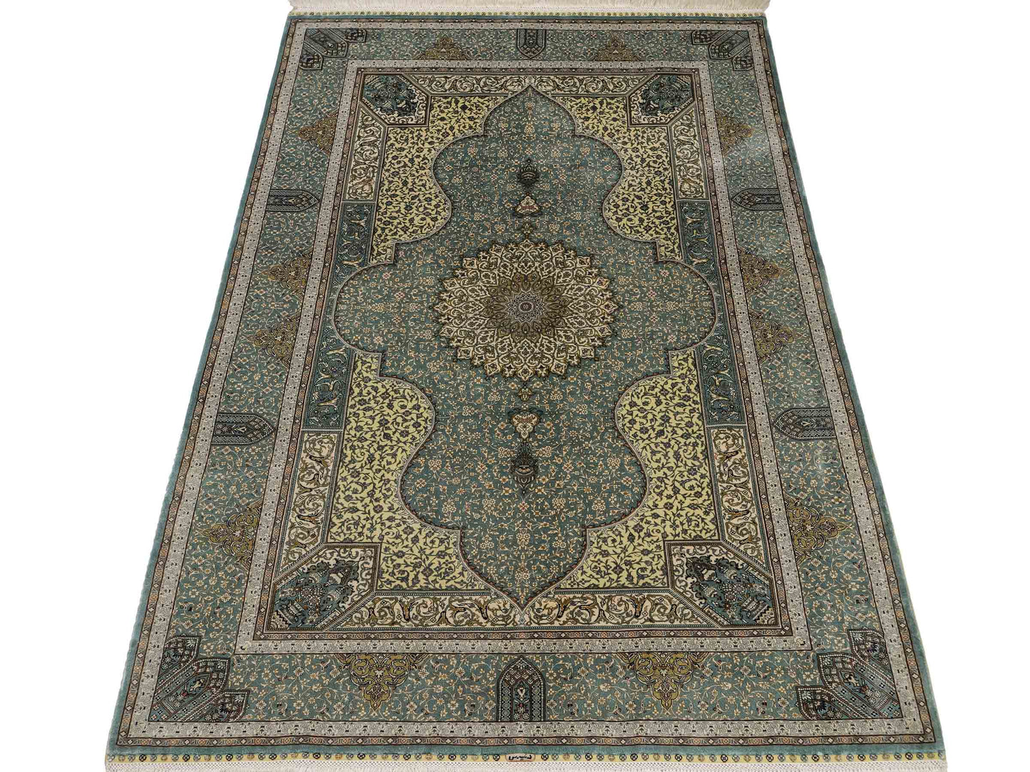 Extrem feiner, handgeknüpfter Khademi Orientteppich mit Ghom Design aus purer Seide, blau, multicolor. 139x93 cm. Vertrieb durch Jupiter Intl.