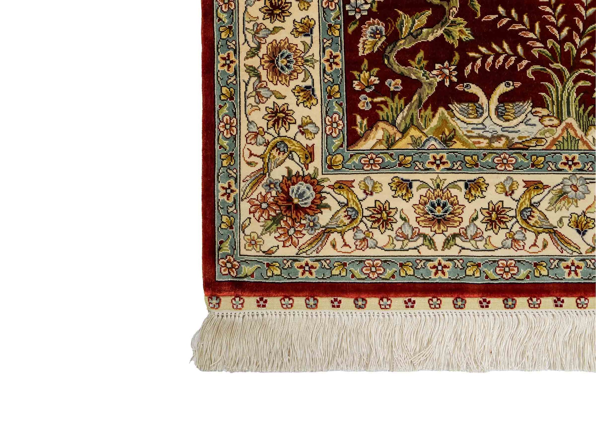 Sehr feiner, handgeknüpfter Khademi Ghom Orientteppich aus Seide, rot, creme. 139x94 cm. Vertrieb durch Jupiter Intl.