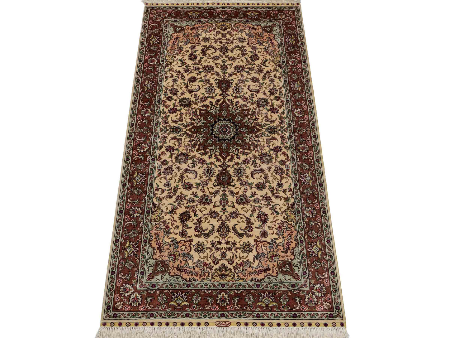 Sehr feiner, handgeknüpfter Khademi Läufer Orientteppich mit Ghom Design aus reiner Seide, creme, rosa. 140x71 cm. Vertrieb durch Jupiter Intl.