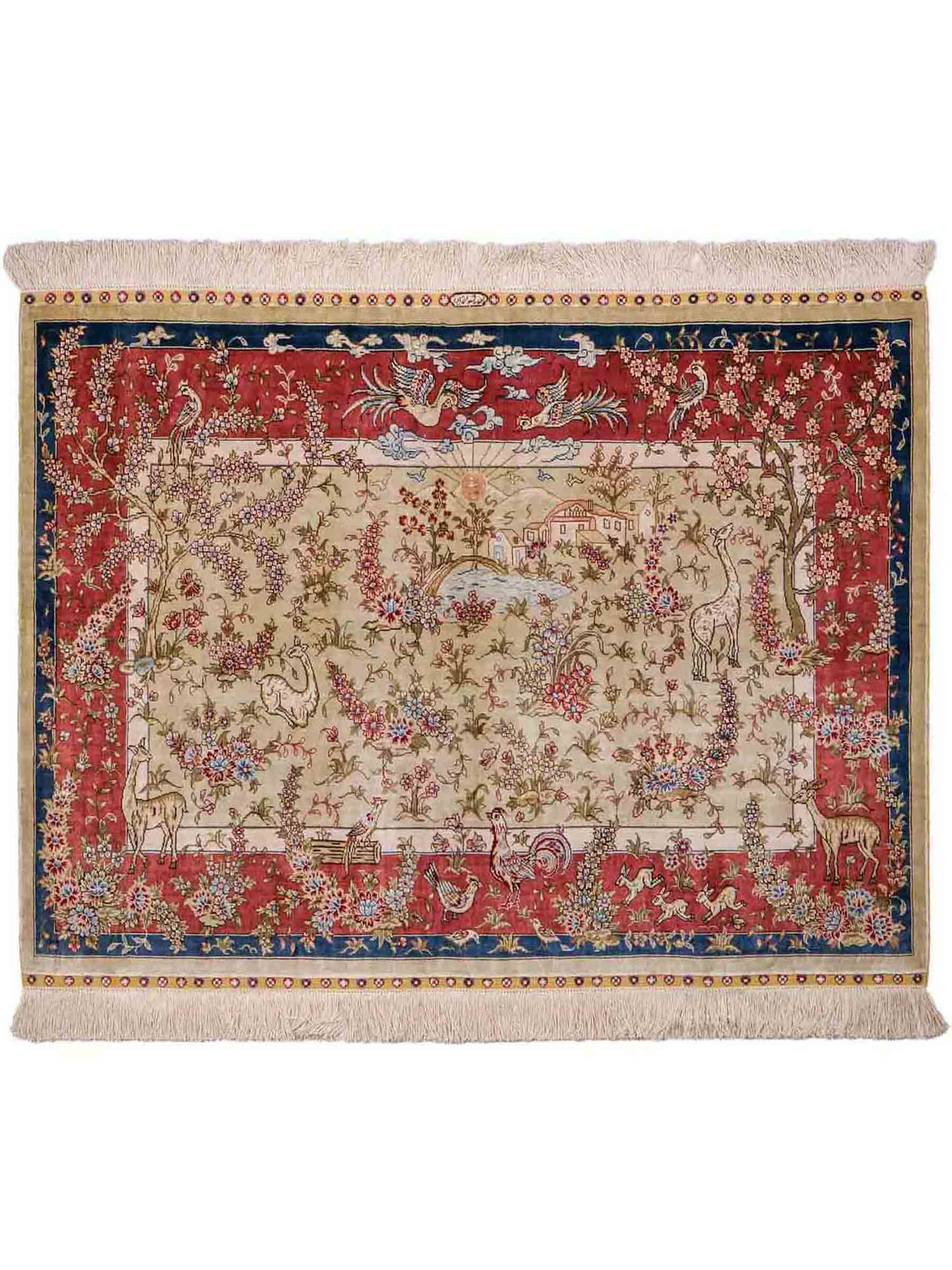 Sehr feiner, handgeknüpfter, chinesischer Ghom Orientteppich aus Seide, creme, rosa, blau. 140x93 cm. Verkauf durch Jupiter Intl.