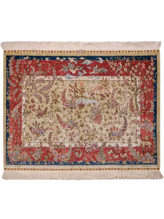 Sehr feiner, handgeknüpfter, chinesischer Ghom Orientteppich aus Seide, creme, rosa, blau. 140x93 cm. Verkauf durch Jupiter Intl.