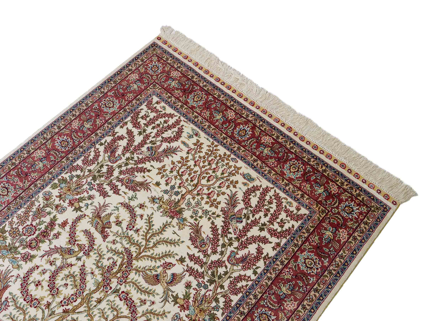 Sehr feiner, handgeknüpfter Khademi Orientteppich mit Ghom Design aus reiner Seide, creme, weiß, rosa. 140x94 cm. Vertrieb durch Jupiter Intl.