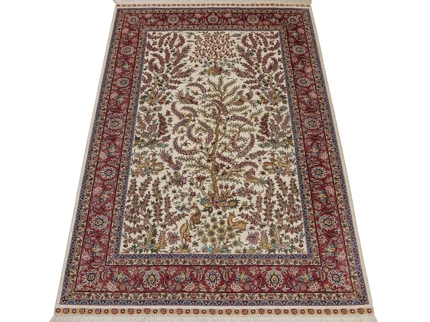 Sehr feiner, handgeknüpfter Khademi Orientteppich mit Ghom Design aus reiner Seide, creme, weiß, rosa. 140x94 cm. Vertrieb durch Jupiter Intl.