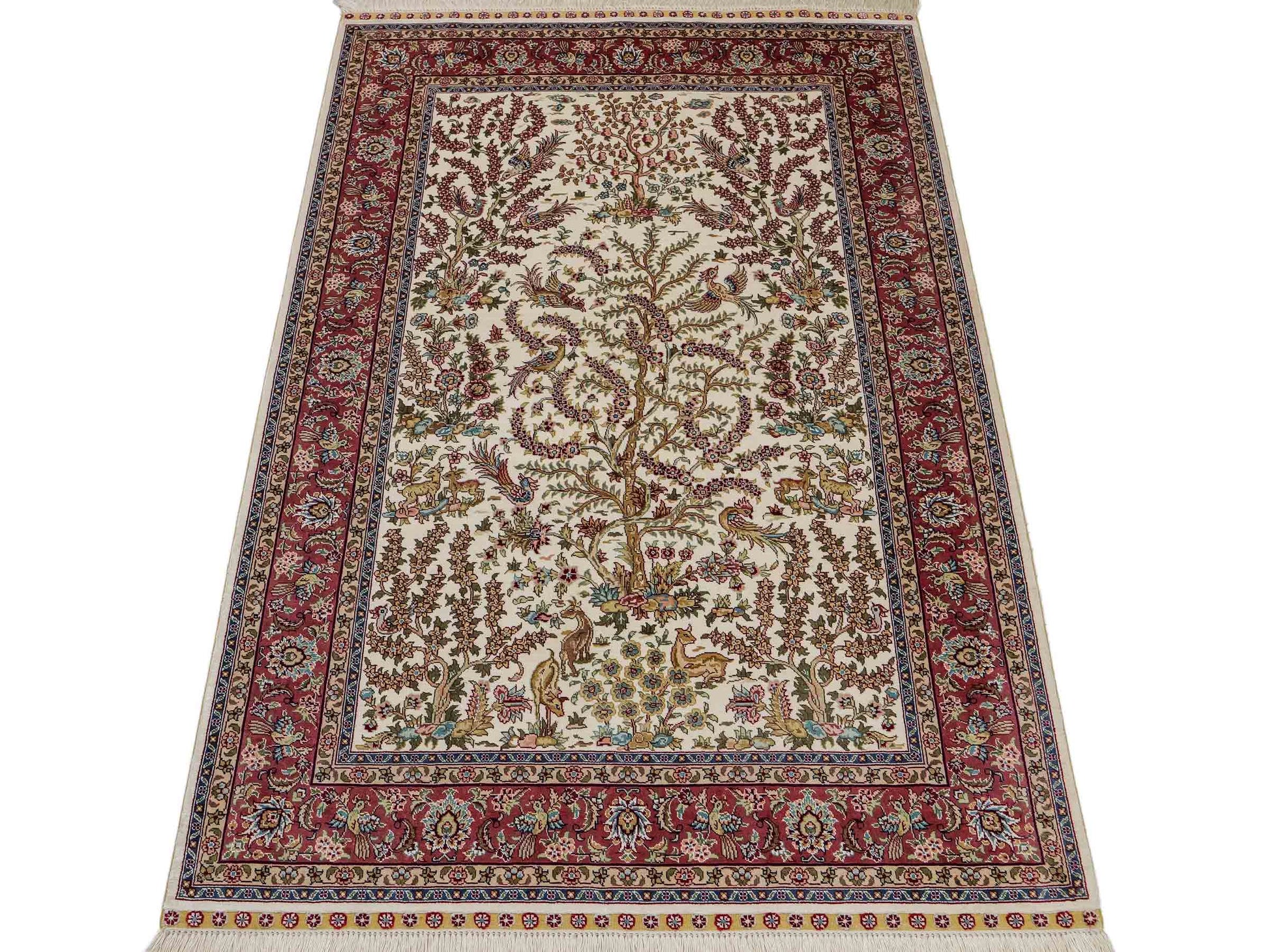 Sehr feiner, handgeknüpfter Khademi Orientteppich mit Ghom Design aus reiner Seide, creme, weiß, rosa. 140x94 cm. Vertrieb durch Jupiter Intl.