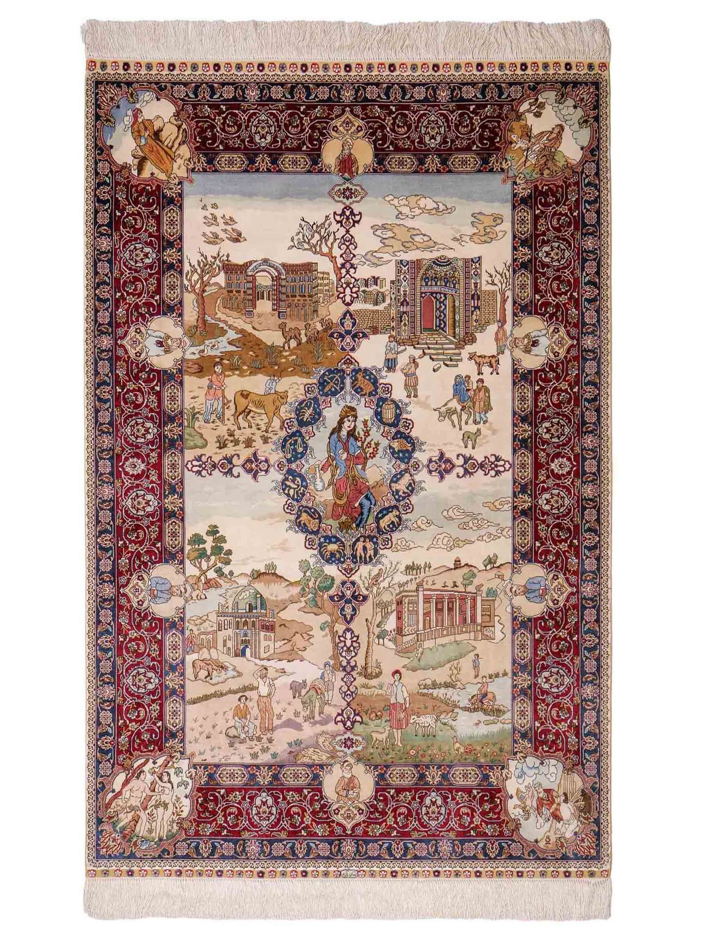 Sehr feiner, handgeknüpfter Khademi Orientteppich mit Ghom Design aus Seide, creme, rot, blau. 140x94 cm. Vertrieb durch Jupiter Intl.