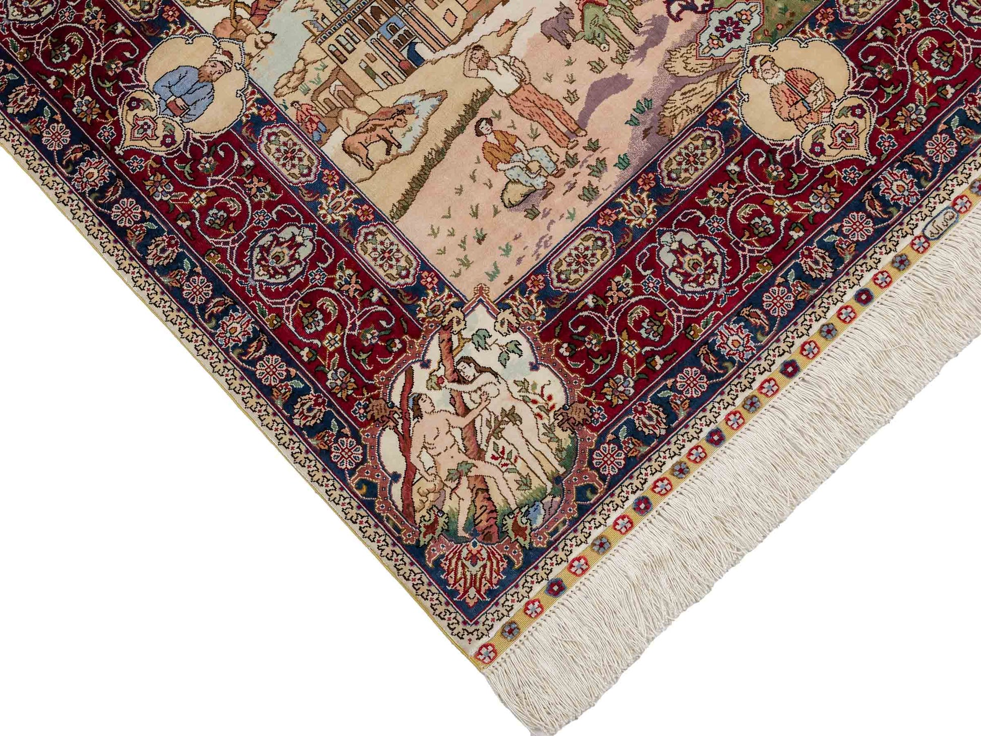 Sehr feiner, handgeknüpfter Khademi Orientteppich mit Ghom Design aus Seide, creme, rot, blau. 140x94 cm. Vertrieb durch Jupiter Intl.
