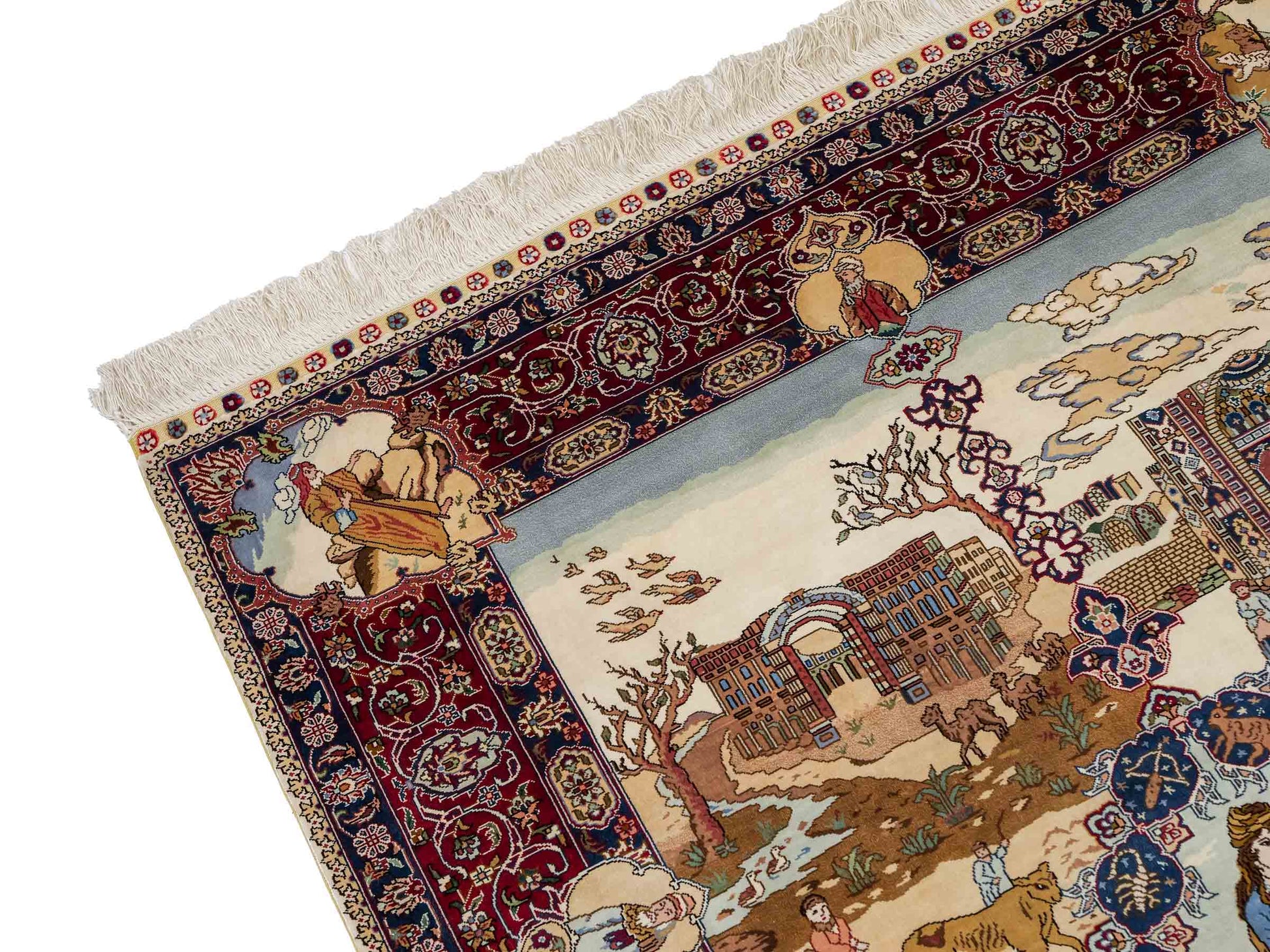 Sehr feiner, handgeknüpfter Khademi Orientteppich mit Ghom Design aus Seide, creme, rot, blau. 140x94 cm. Vertrieb durch Jupiter Intl.