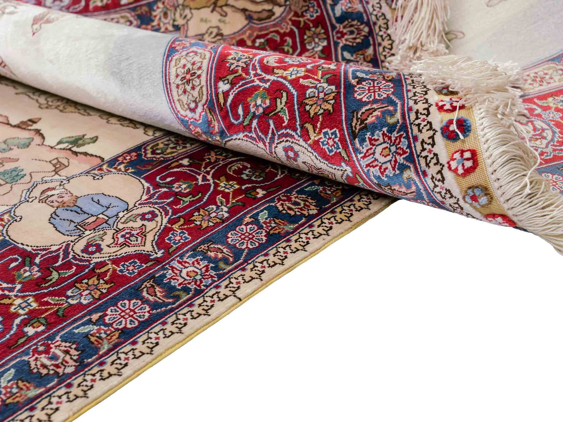 Sehr feiner, handgeknüpfter Khademi Orientteppich mit Ghom Design aus Seide, creme, rot, blau. 140x94 cm. Vertrieb durch Jupiter Intl.