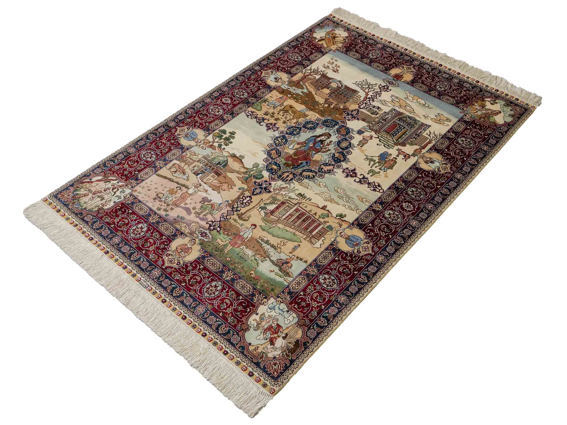 Sehr feiner, handgeknüpfter Khademi Orientteppich mit Ghom Design aus Seide, creme, rot, blau. 140x94 cm. Vertrieb durch Jupiter Intl.