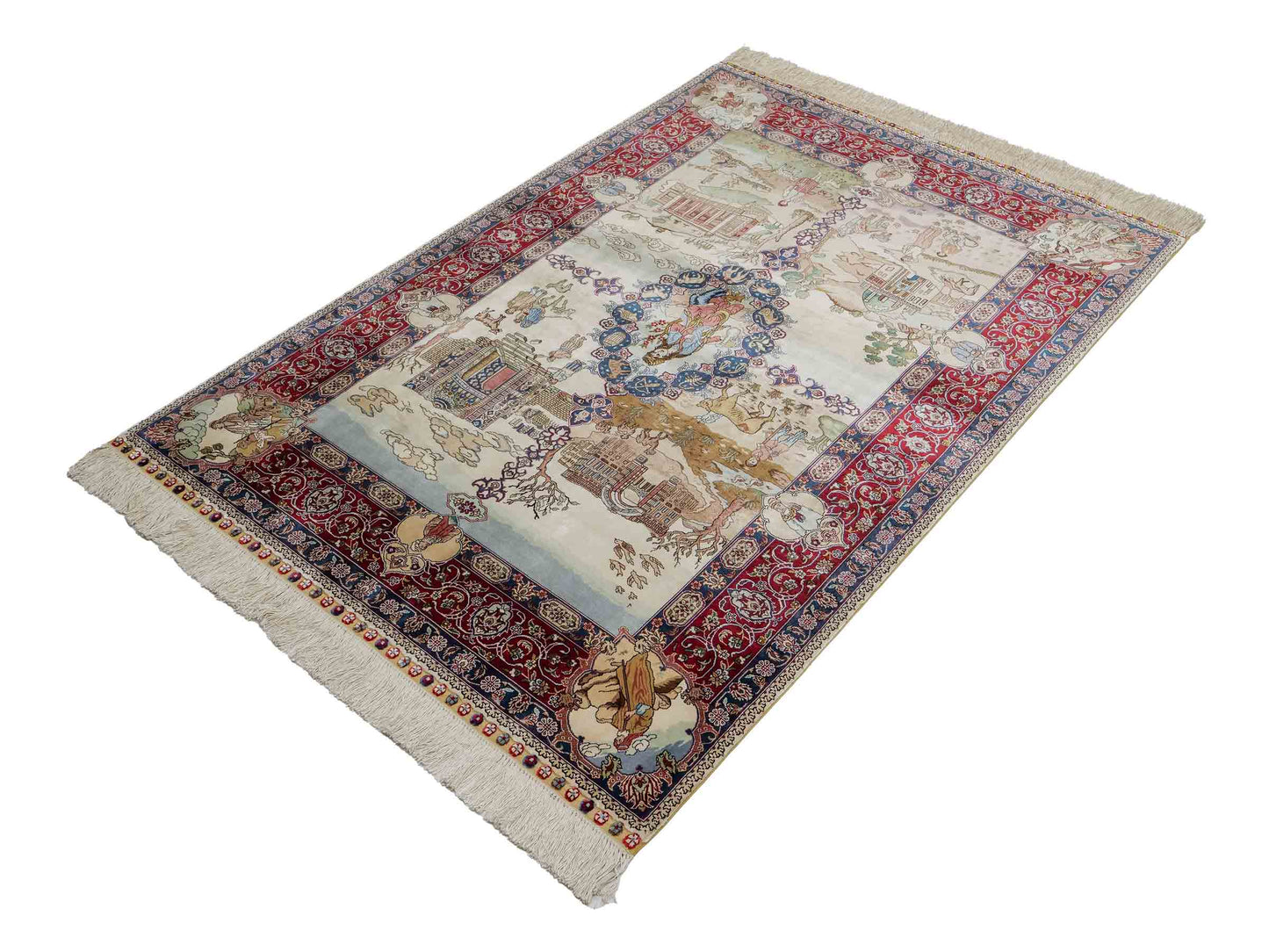 Sehr feiner, handgeknüpfter Khademi Orientteppich mit Ghom Design aus Seide, creme, rot, blau. 140x94 cm. Vertrieb durch Jupiter Intl.