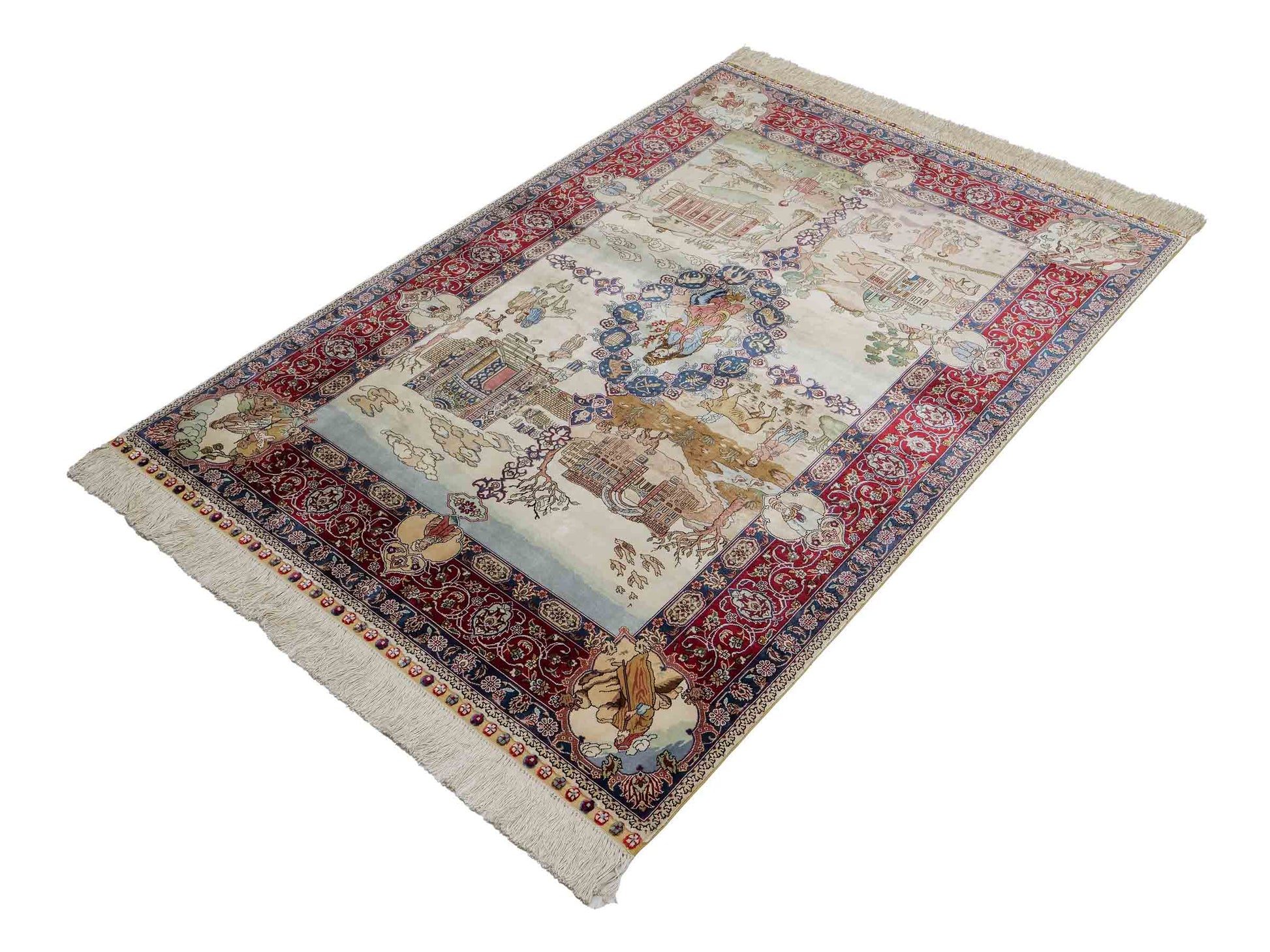 Sehr feiner, handgeknüpfter Khademi Orientteppich mit Ghom Design aus Seide, creme, rot, blau. 140x94 cm. Vertrieb durch Jupiter Intl.