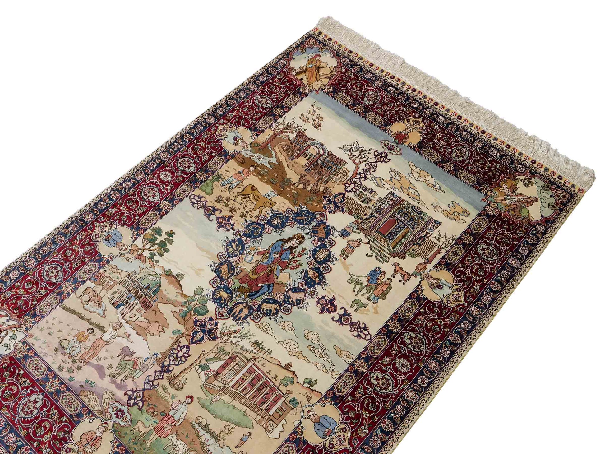 Sehr feiner, handgeknüpfter Khademi Orientteppich mit Ghom Design aus Seide, creme, rot, blau. 140x94 cm. Vertrieb durch Jupiter Intl.