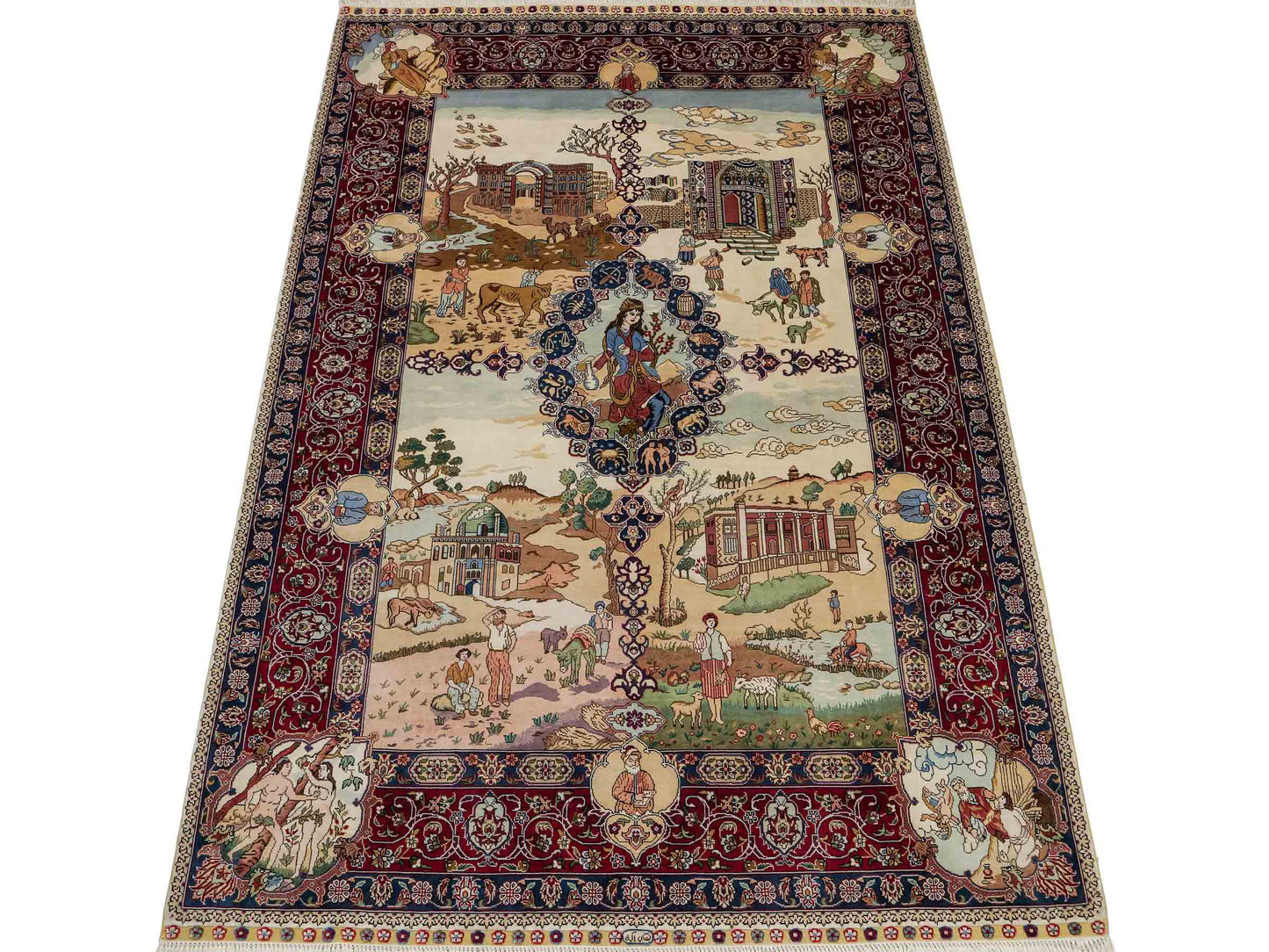 Sehr feiner, handgeknüpfter Khademi Orientteppich mit Ghom Design aus Seide, creme, rot, blau. 140x94 cm. Vertrieb durch Jupiter Intl.