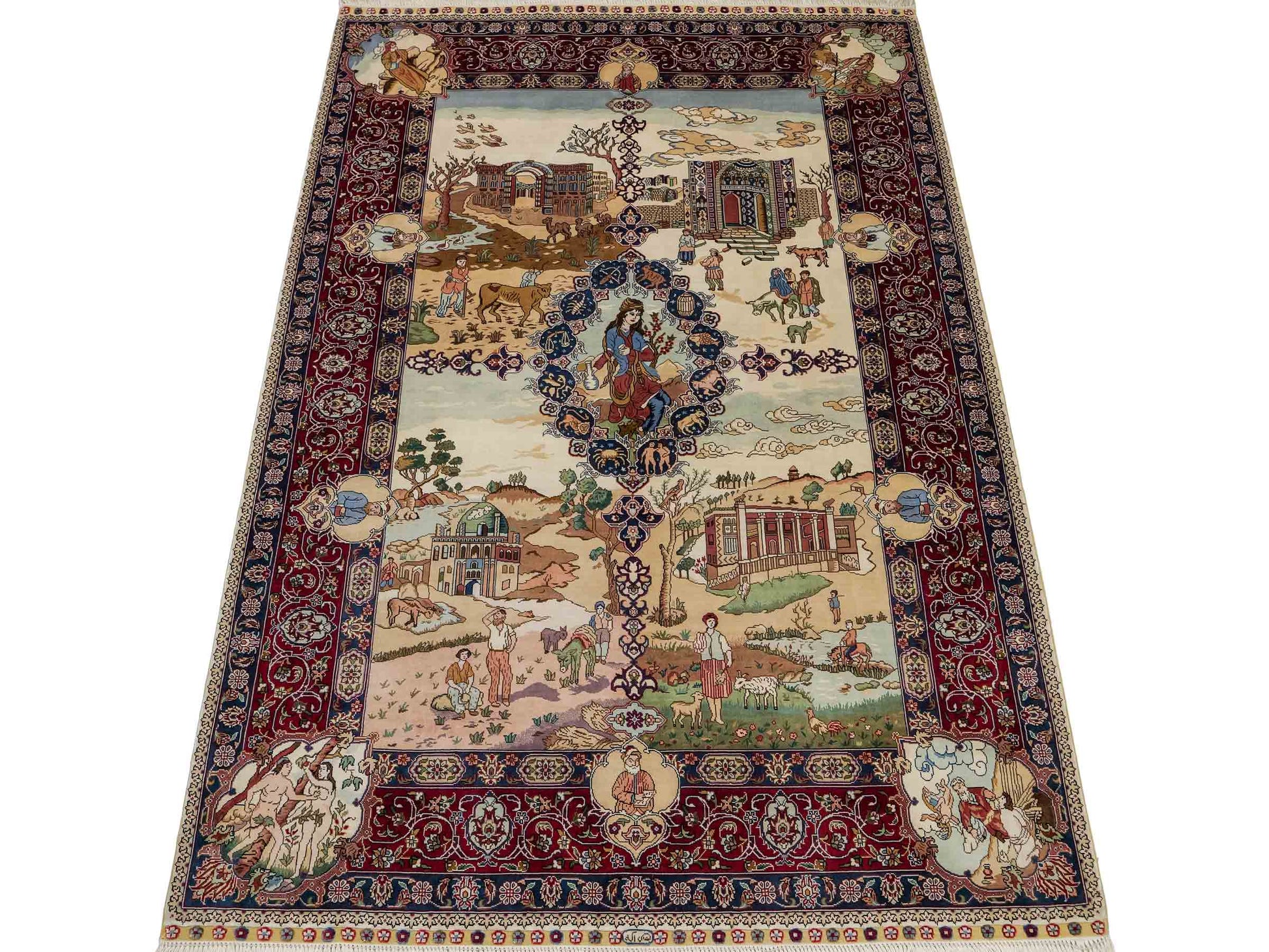 Sehr feiner, handgeknüpfter Khademi Orientteppich mit Ghom Design aus Seide, creme, rot, blau. 140x94 cm. Vertrieb durch Jupiter Intl.