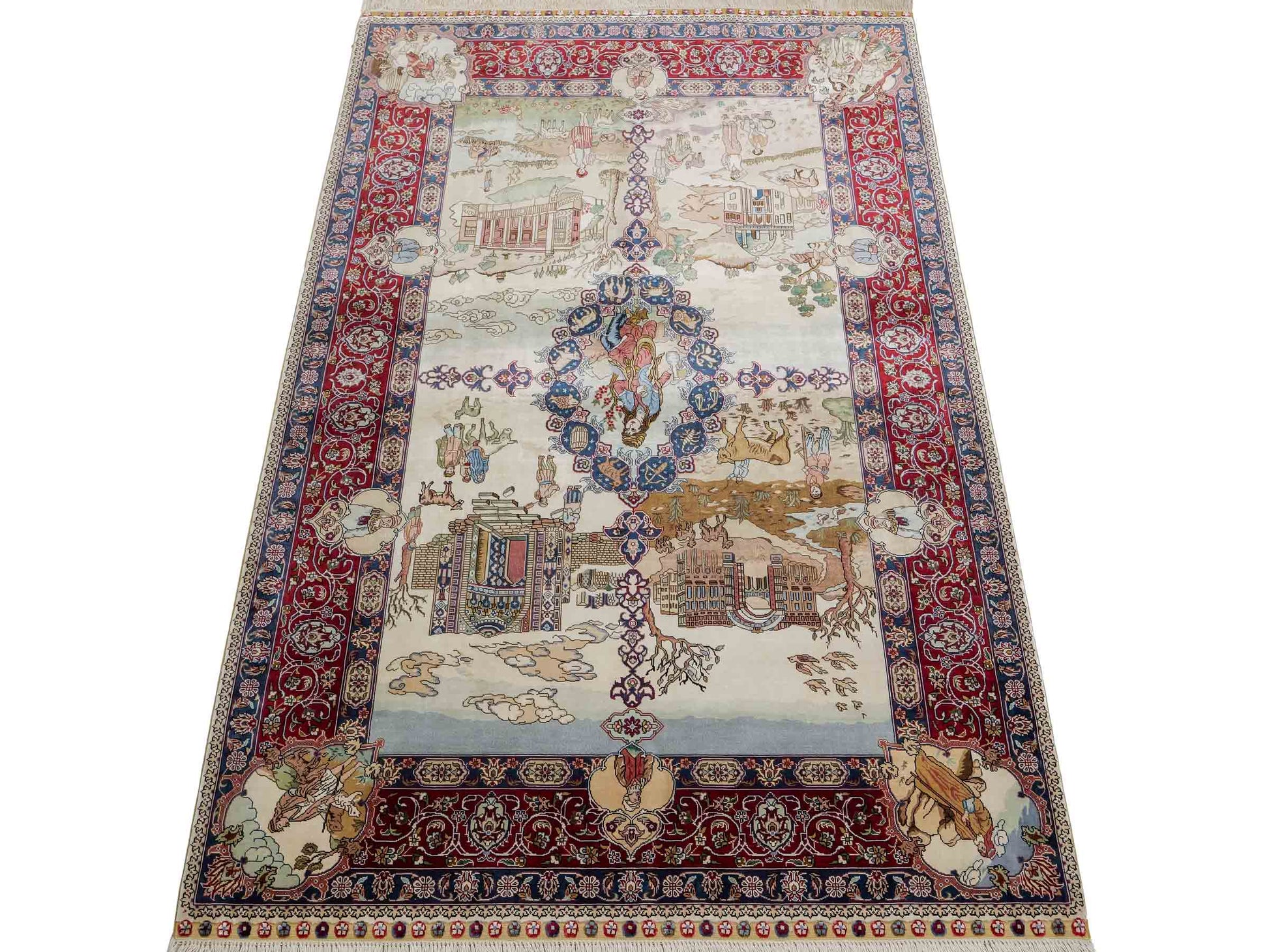 Sehr feiner, handgeknüpfter Khademi Orientteppich mit Ghom Design aus Seide, creme, rot, blau. 140x94 cm. Vertrieb durch Jupiter Intl.