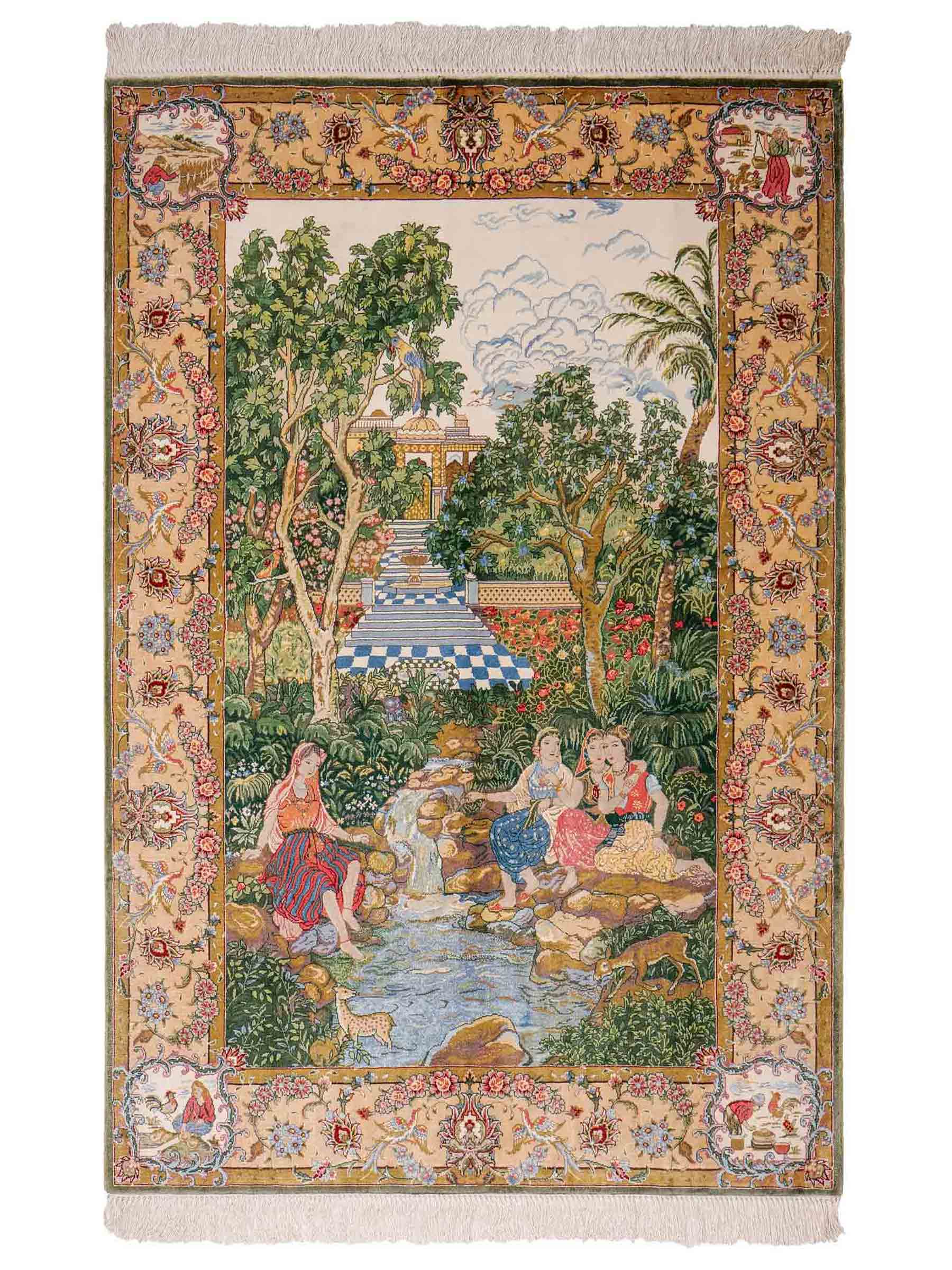 Sehr feiner, handgeknüpfter Khademi Orientteppich mit Ghom Design aus reiner Seide, grün, multicolor. 140x95 cm. Vertrieb durch Jupiter Intl.