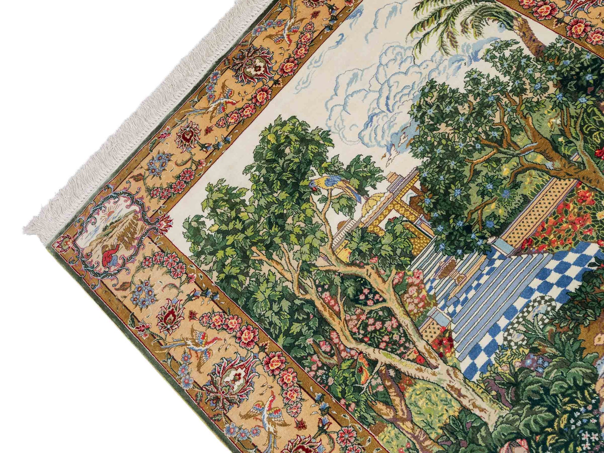 Sehr feiner, handgeknüpfter Khademi Orientteppich mit Ghom Design aus reiner Seide, grün, multicolor. 140x95 cm. Vertrieb durch Jupiter Intl.