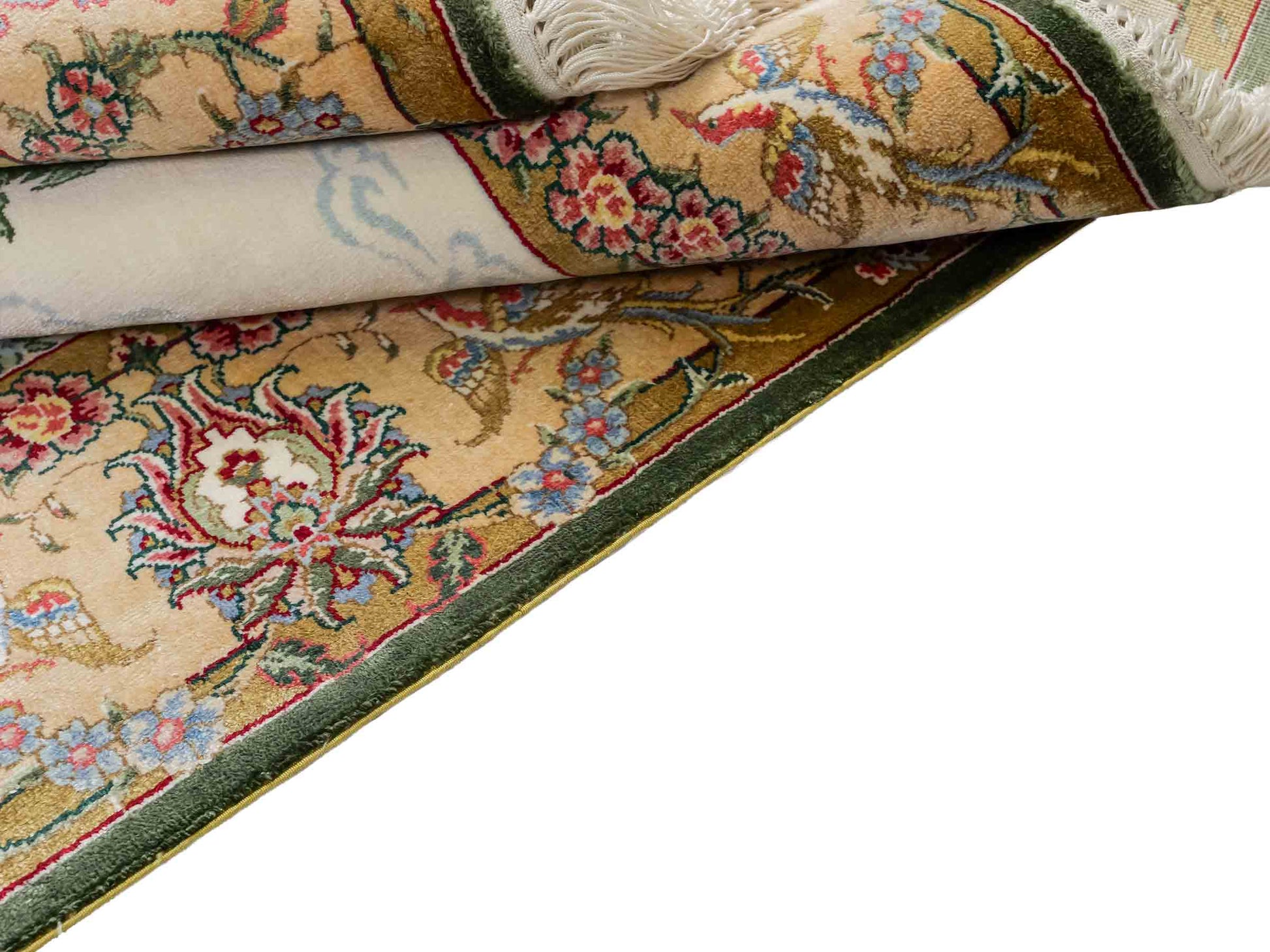 Sehr feiner, handgeknüpfter Khademi Orientteppich mit Ghom Design aus reiner Seide, grün, multicolor. 140x95 cm. Vertrieb durch Jupiter Intl.