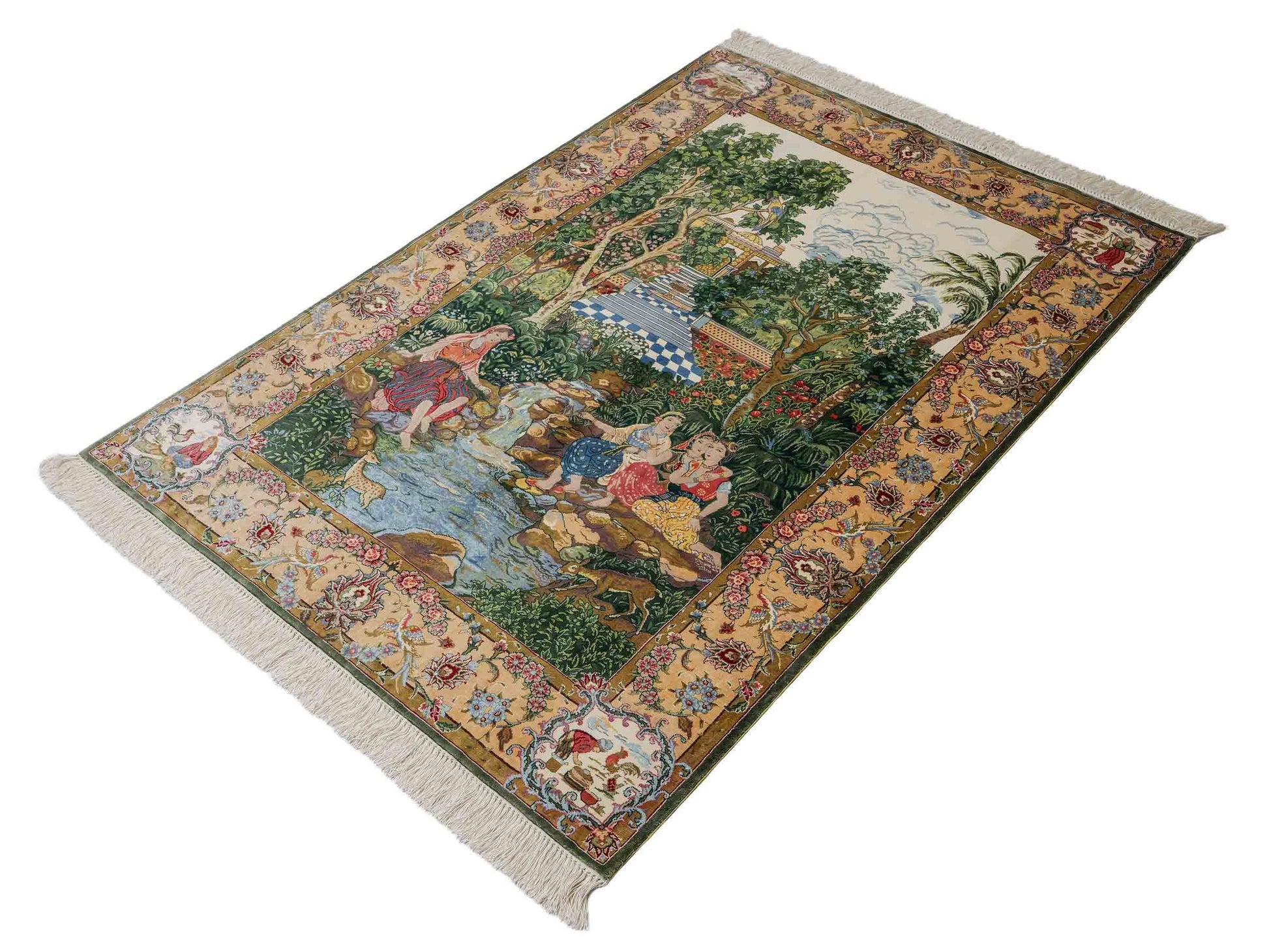 Sehr feiner, handgeknüpfter Khademi Orientteppich mit Ghom Design aus reiner Seide, grün, multicolor. 140x95 cm. Vertrieb durch Jupiter Intl.