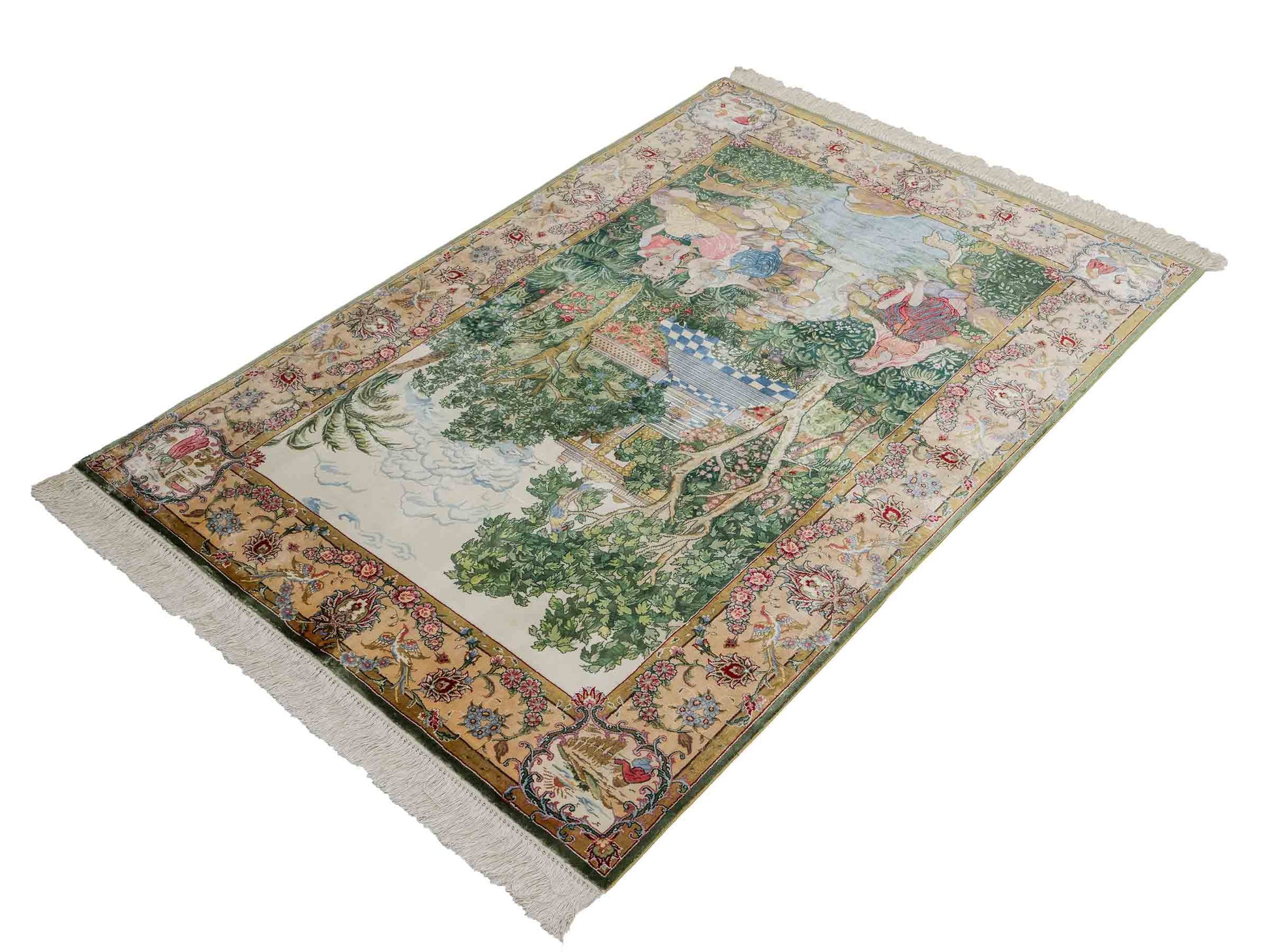 Sehr feiner, handgeknüpfter Khademi Orientteppich mit Ghom Design aus reiner Seide, grün, multicolor. 140x95 cm. Vertrieb durch Jupiter Intl.