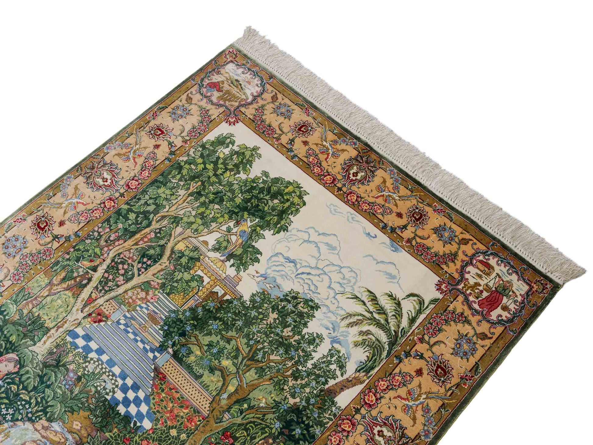 Sehr feiner, handgeknüpfter Khademi Orientteppich mit Ghom Design aus reiner Seide, grün, multicolor. 140x95 cm. Vertrieb durch Jupiter Intl.