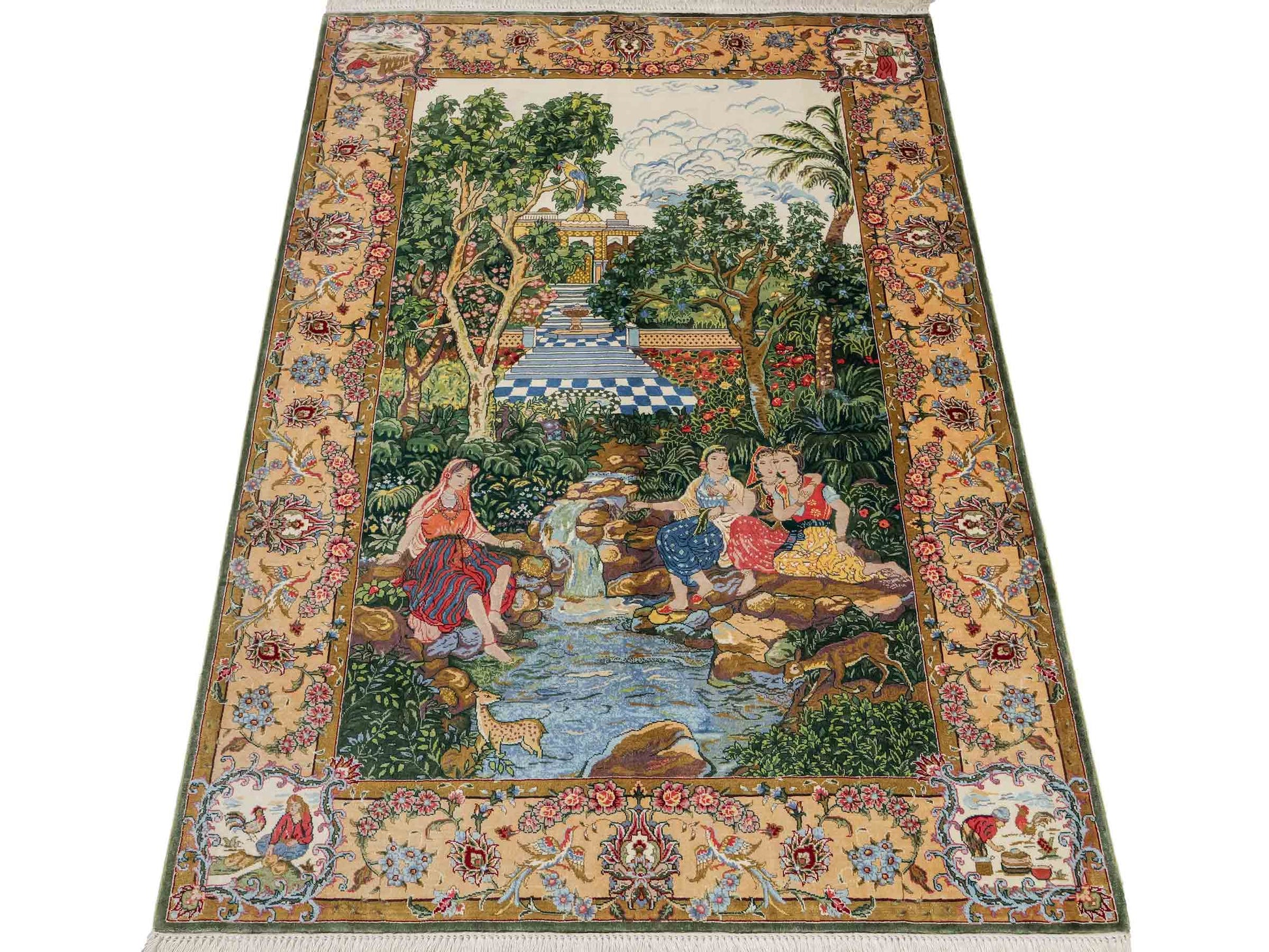 Sehr feiner, handgeknüpfter Khademi Orientteppich mit Ghom Design aus reiner Seide, grün, multicolor. 140x95 cm. Vertrieb durch Jupiter Intl.