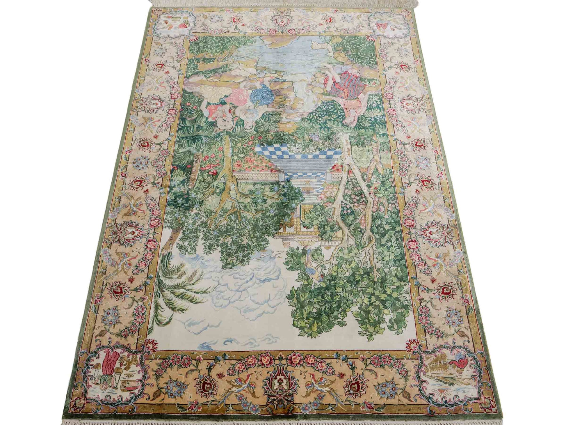 Sehr feiner, handgeknüpfter Khademi Orientteppich mit Ghom Design aus reiner Seide, grün, multicolor. 140x95 cm. Vertrieb durch Jupiter Intl.