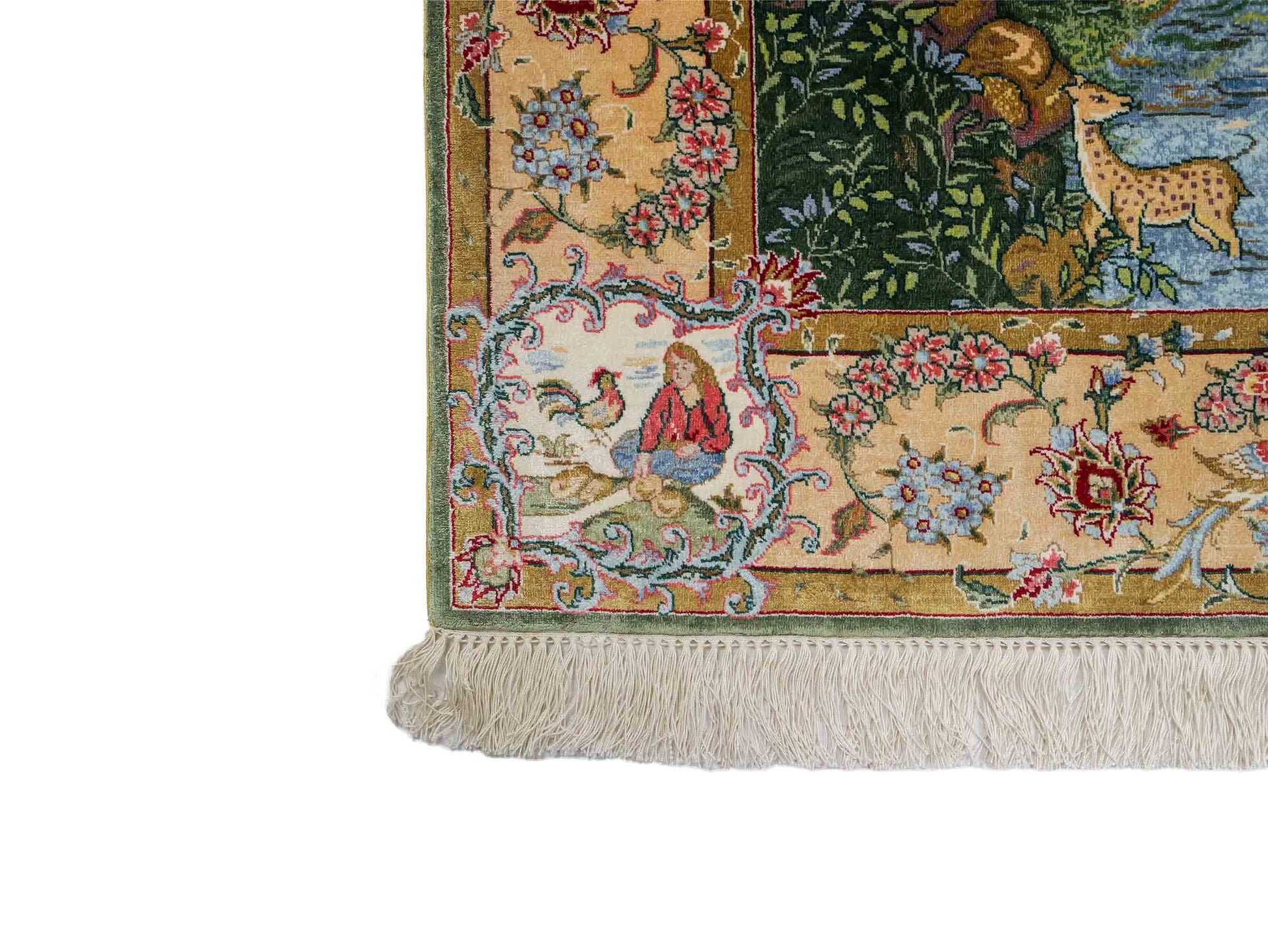 Sehr feiner, handgeknüpfter Khademi Orientteppich mit Ghom Design aus reiner Seide, grün, multicolor. 140x95 cm. Vertrieb durch Jupiter Intl.