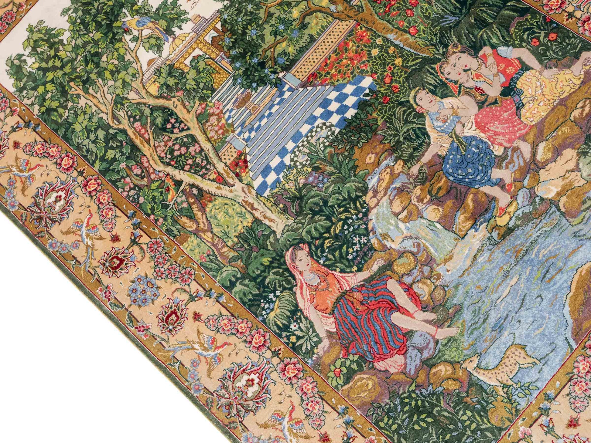 Sehr feiner, handgeknüpfter Khademi Orientteppich mit Ghom Design aus reiner Seide, grün, multicolor. 140x95 cm. Vertrieb durch Jupiter Intl.