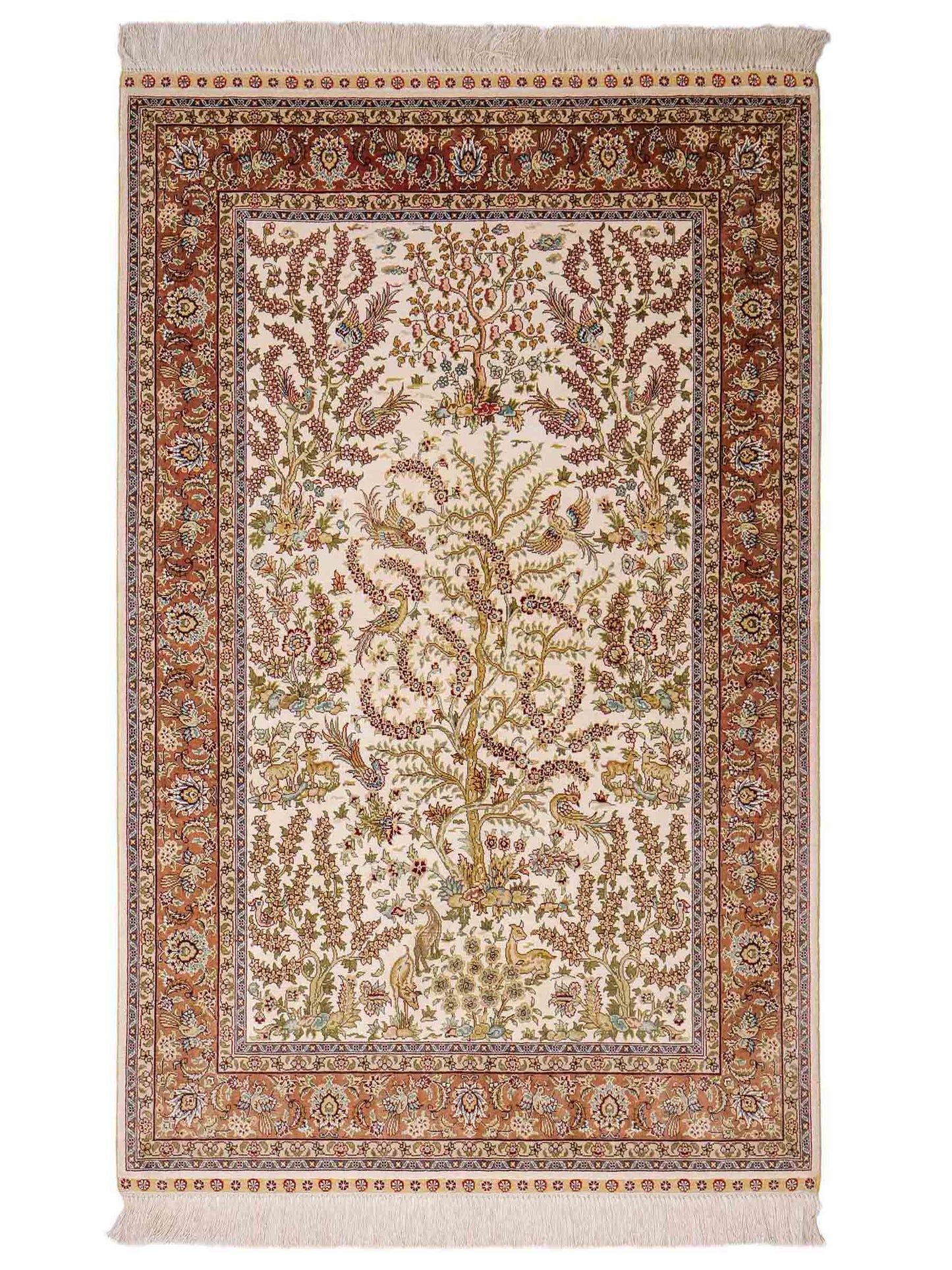 Sehr feiner, handgeknüpfter Khademi Orientteppich mit Ghom Design aus reiner Seide, creme, weiß, rosa. 140x95 cm. Vertrieb durch Jupiter Intl.