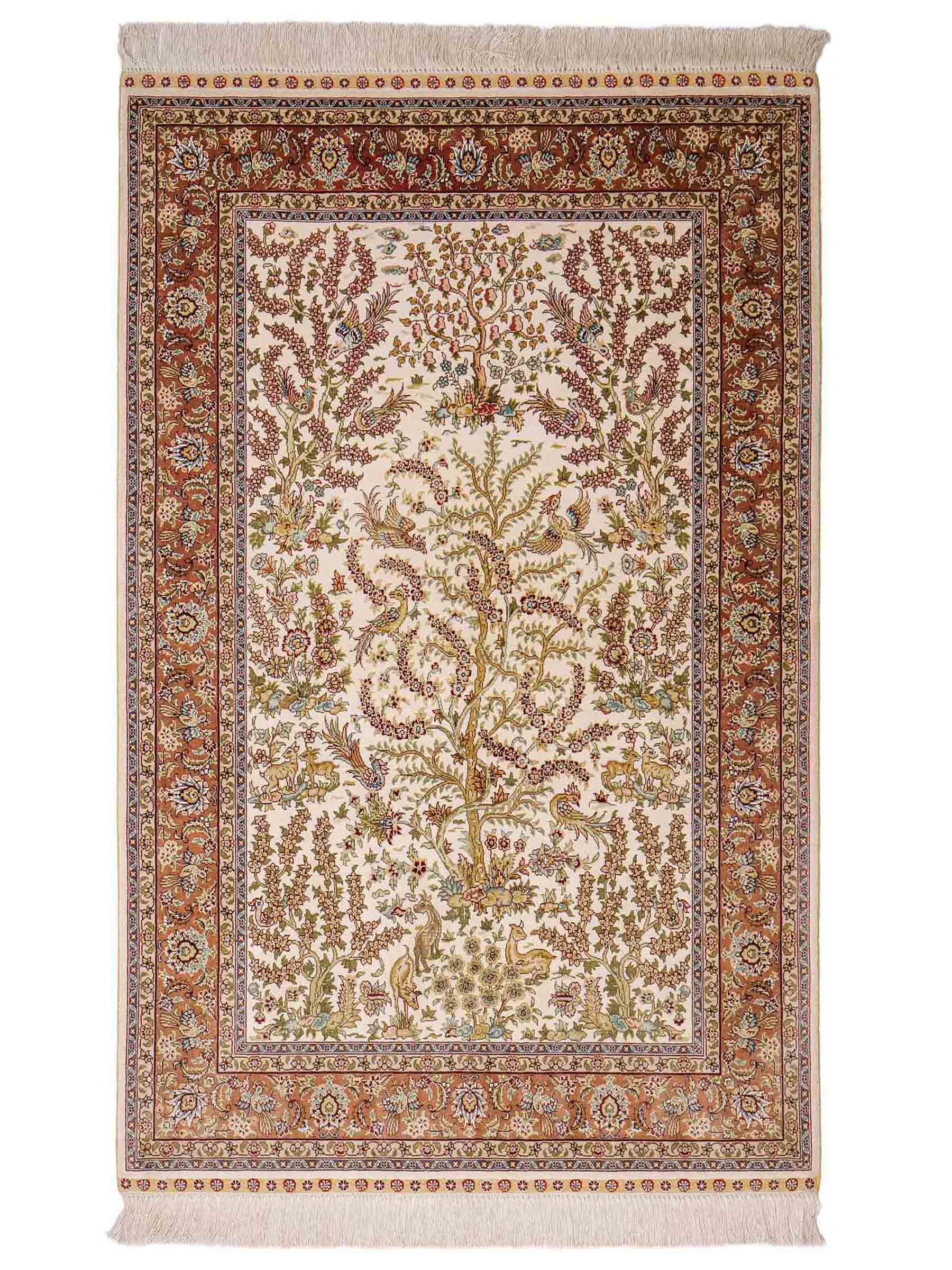 Sehr feiner, handgeknüpfter Khademi Orientteppich mit Ghom  Design aus reiner Seide, creme, weiß, rosa. 140x95 cm. Vertrieb durch Jupiter Intl.