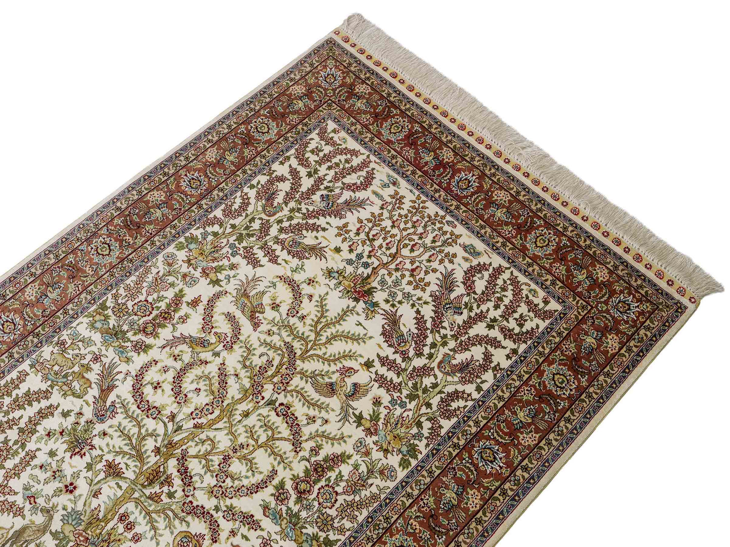 Sehr feiner, handgeknüpfter Khademi Orientteppich mit Ghom Design aus reiner Seide, creme, weiß, rosa. 140x95 cm. Vertrieb durch Jupiter Intl.