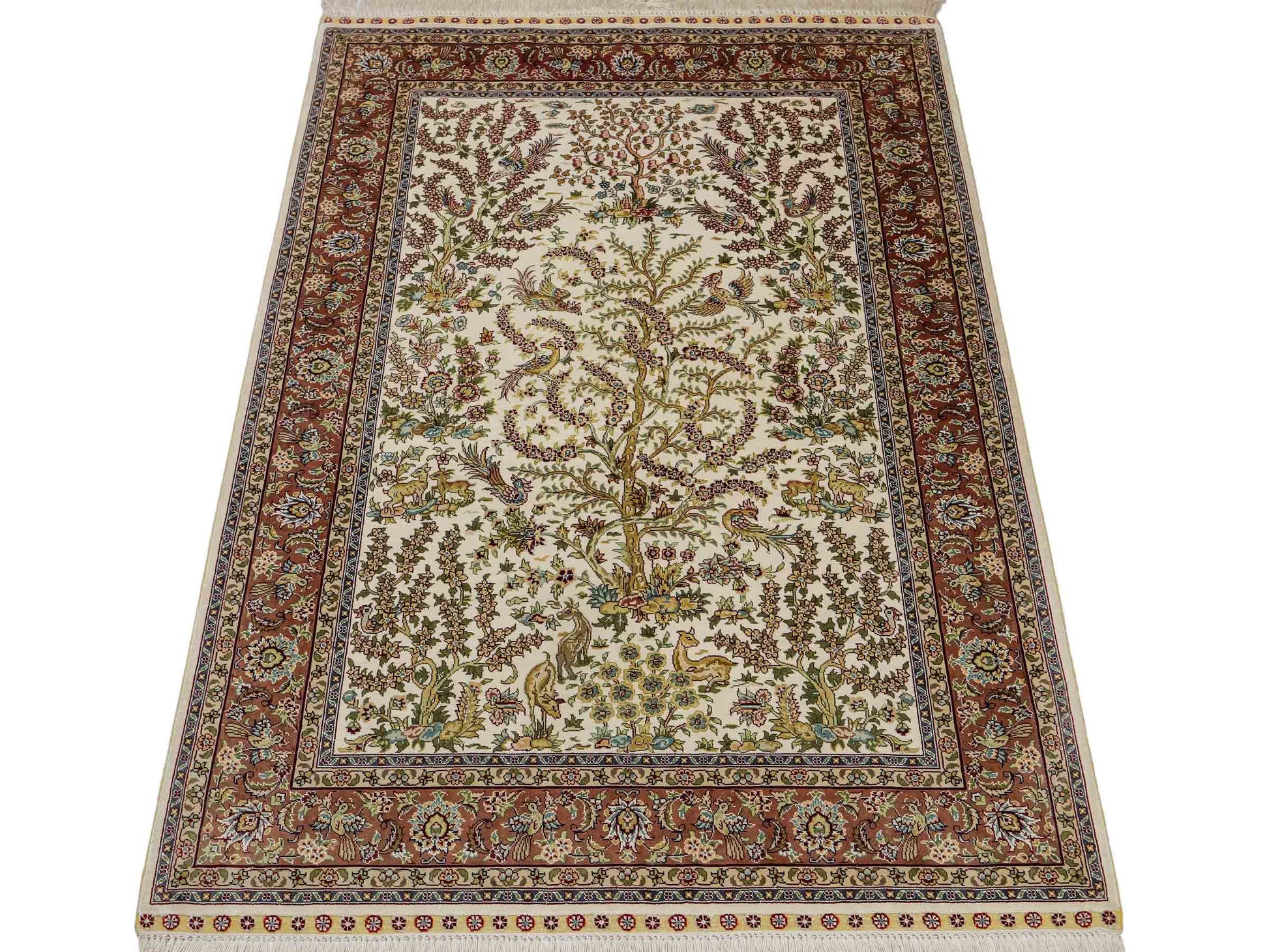 Sehr feiner, handgeknüpfter Khademi Orientteppich mit Ghom  Design aus reiner Seide, creme, weiß, rosa. 140x95 cm. Vertrieb durch Jupiter Intl.