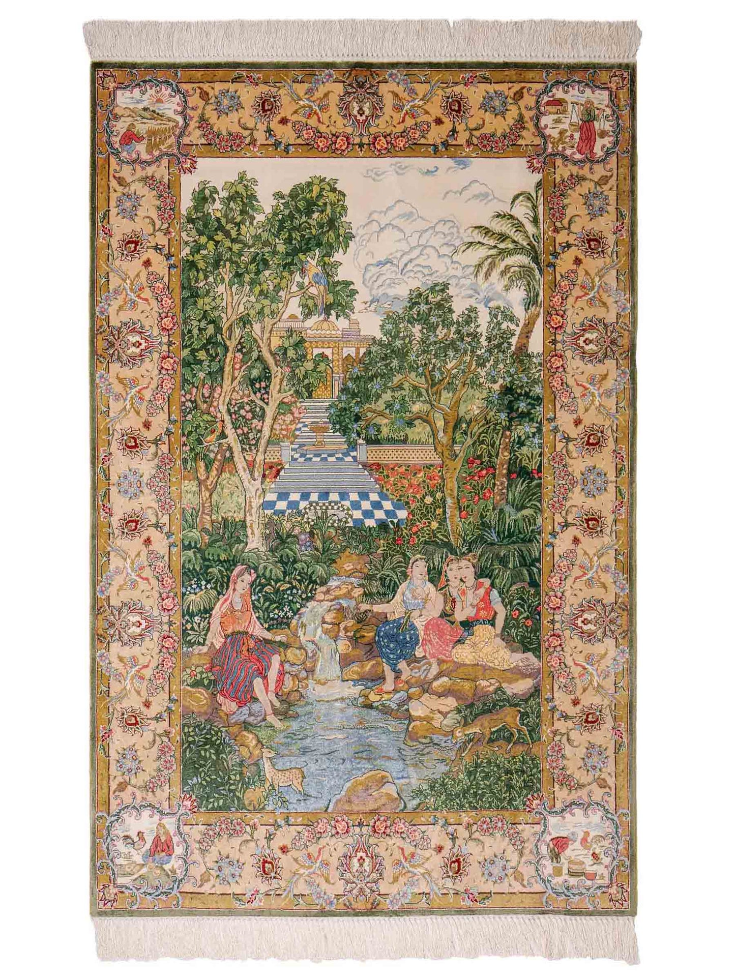 Sehr feiner, handgeknüpfter Khademi Orientteppich mit Ghom Design aus reiner Seide, grün, multicolor. 141x94 cm. Vertrieb durch Jupiter Intl.