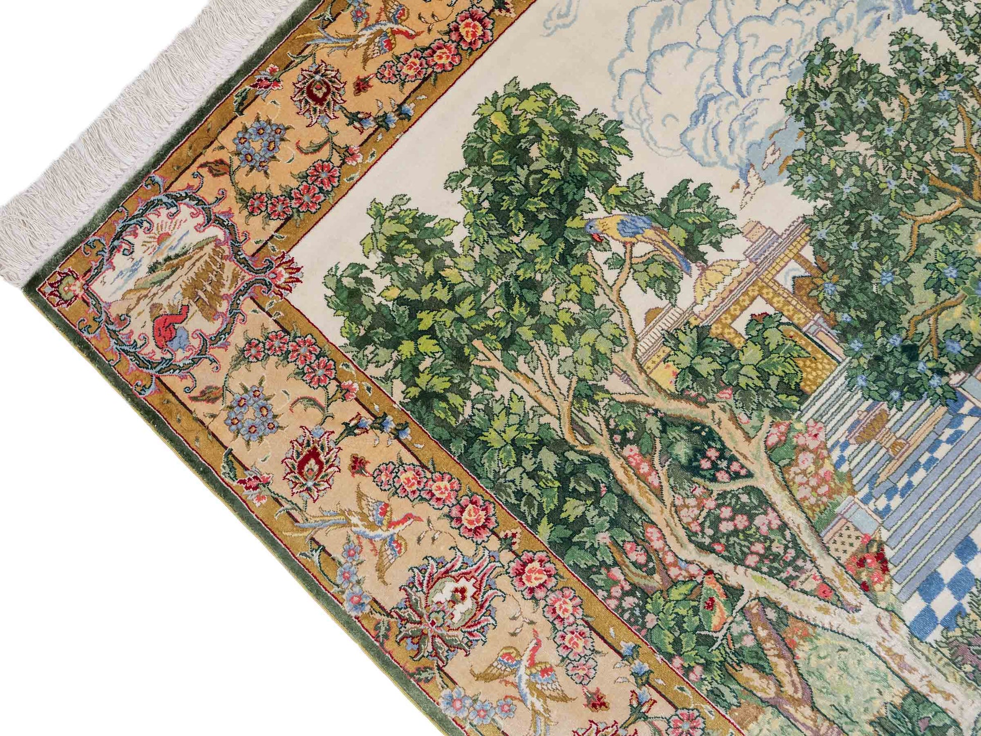 Sehr feiner, handgeknüpfter Khademi Orientteppich mit Ghom Design aus reiner Seide, grün, multicolor. 141x94 cm. Vertrieb durch Jupiter Intl.