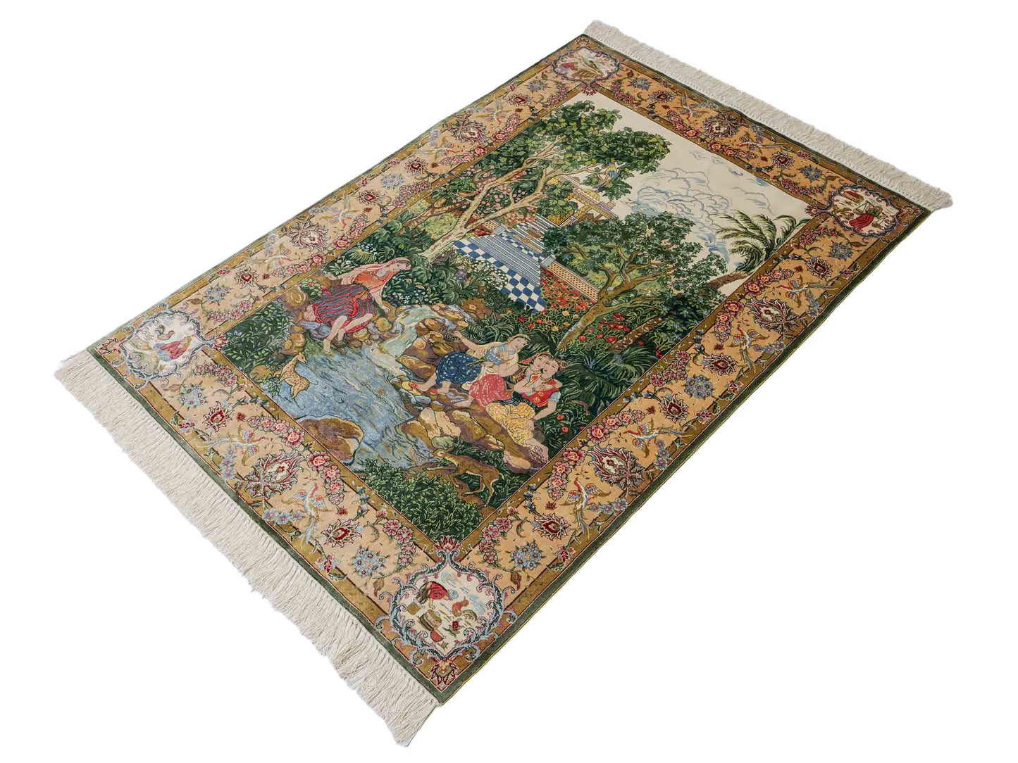Sehr feiner, handgeknüpfter Khademi Orientteppich mit Ghom Design aus reiner Seide, grün, multicolor. 141x94 cm. Vertrieb durch Jupiter Intl.