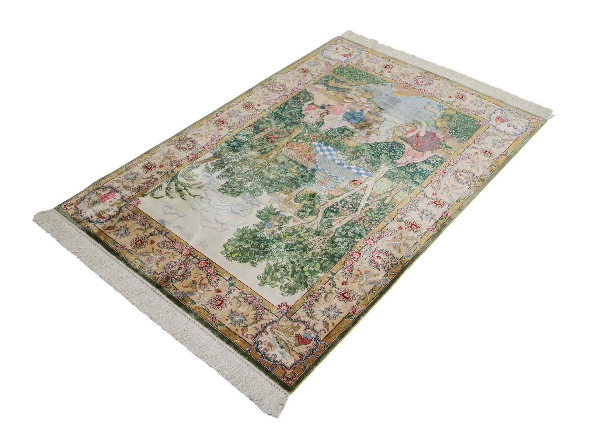Sehr feiner, handgeknüpfter Khademi Orientteppich mit Ghom Design aus reiner Seide, grün, multicolor. 141x94 cm. Vertrieb durch Jupiter Intl.