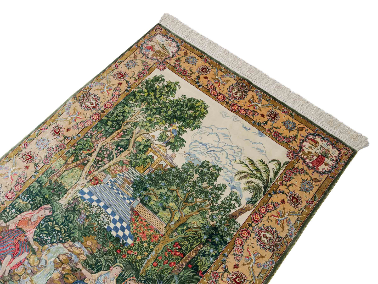 Sehr feiner, handgeknüpfter Khademi Orientteppich mit Ghom Design aus reiner Seide, grün, multicolor. 141x94 cm. Vertrieb durch Jupiter Intl.