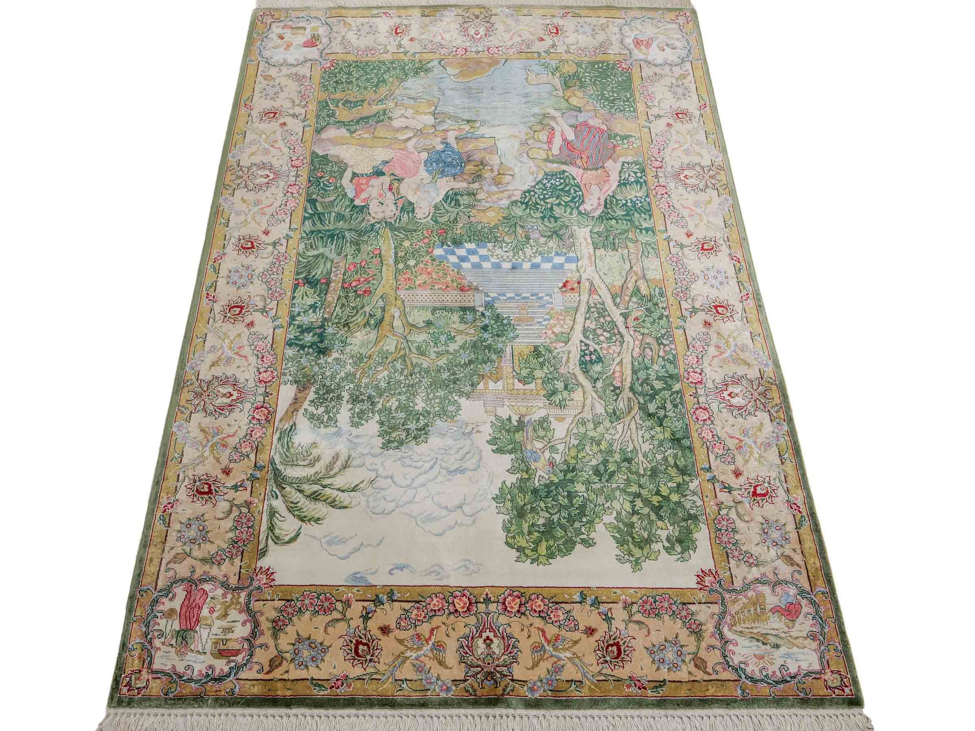 Sehr feiner, handgeknüpfter Khademi Orientteppich mit Ghom Design aus reiner Seide, grün, multicolor. 141x94 cm. Vertrieb durch Jupiter Intl.
