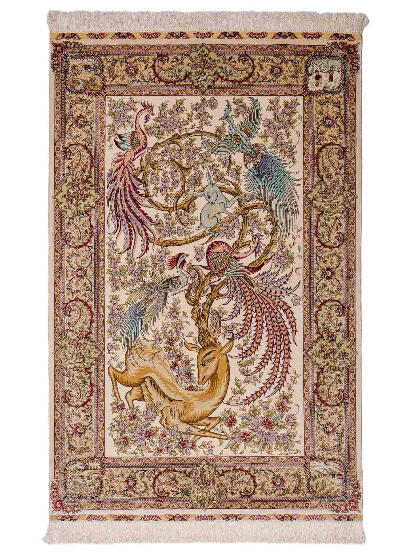 Sehr feiner, handgeknüpfter Khademi Orientteppich mit Ghom Design aus reiner Seide, creme, weiß, braun. 143x94 cm. Vertrieb durch Jupiter Intl.