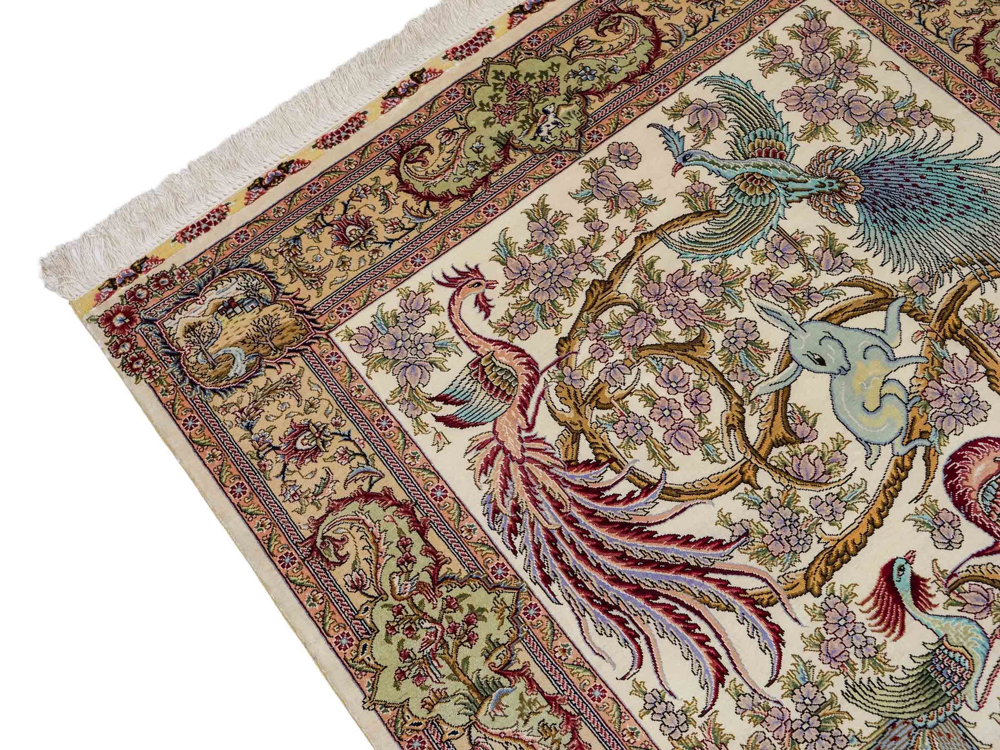 Sehr feiner, handgeknüpfter Khademi Orientteppich mit Ghom Design aus reiner Seide, creme, weiß, braun. 143x94 cm. Vertrieb durch Jupiter Intl.