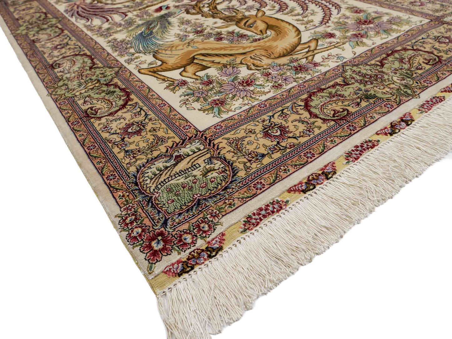 Sehr feiner, handgeknüpfter Khademi Orientteppich mit Ghom Design aus reiner Seide, creme, weiß, braun. 143x94 cm. Vertrieb durch Jupiter Intl.