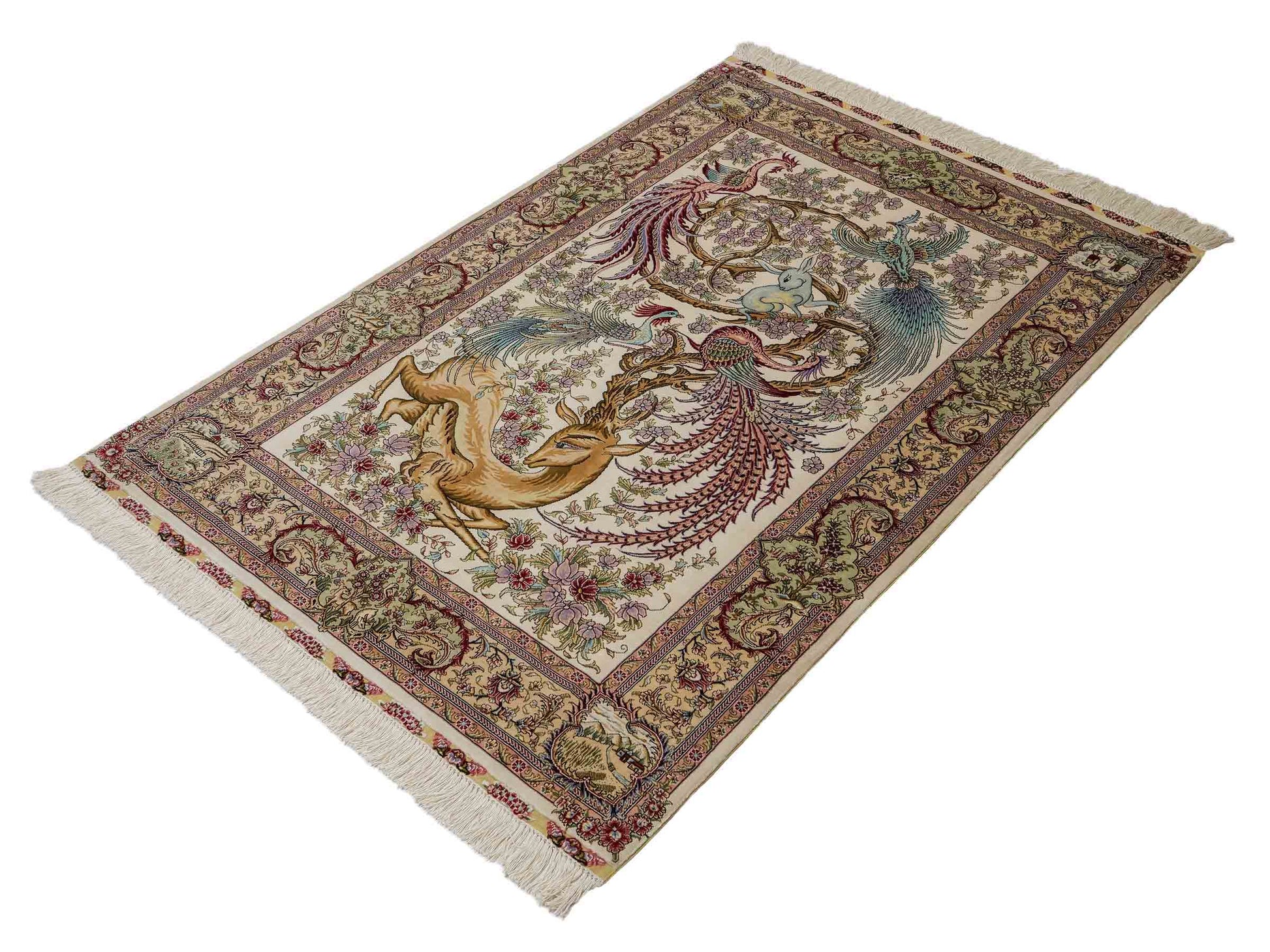 Sehr feiner, handgeknüpfter Khademi Orientteppich mit Ghom Design aus Seide, creme, weiß. 143x94 cm. Vertrieb durch Jupiter Intl.
